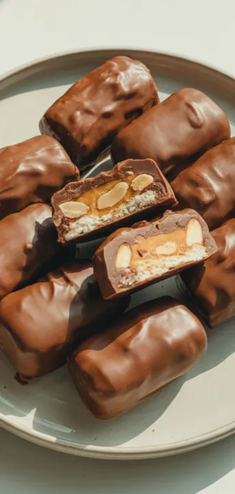 No-bake date snickers cut open showing peanut butter filling and crunchy peanuts with soft natural lighting