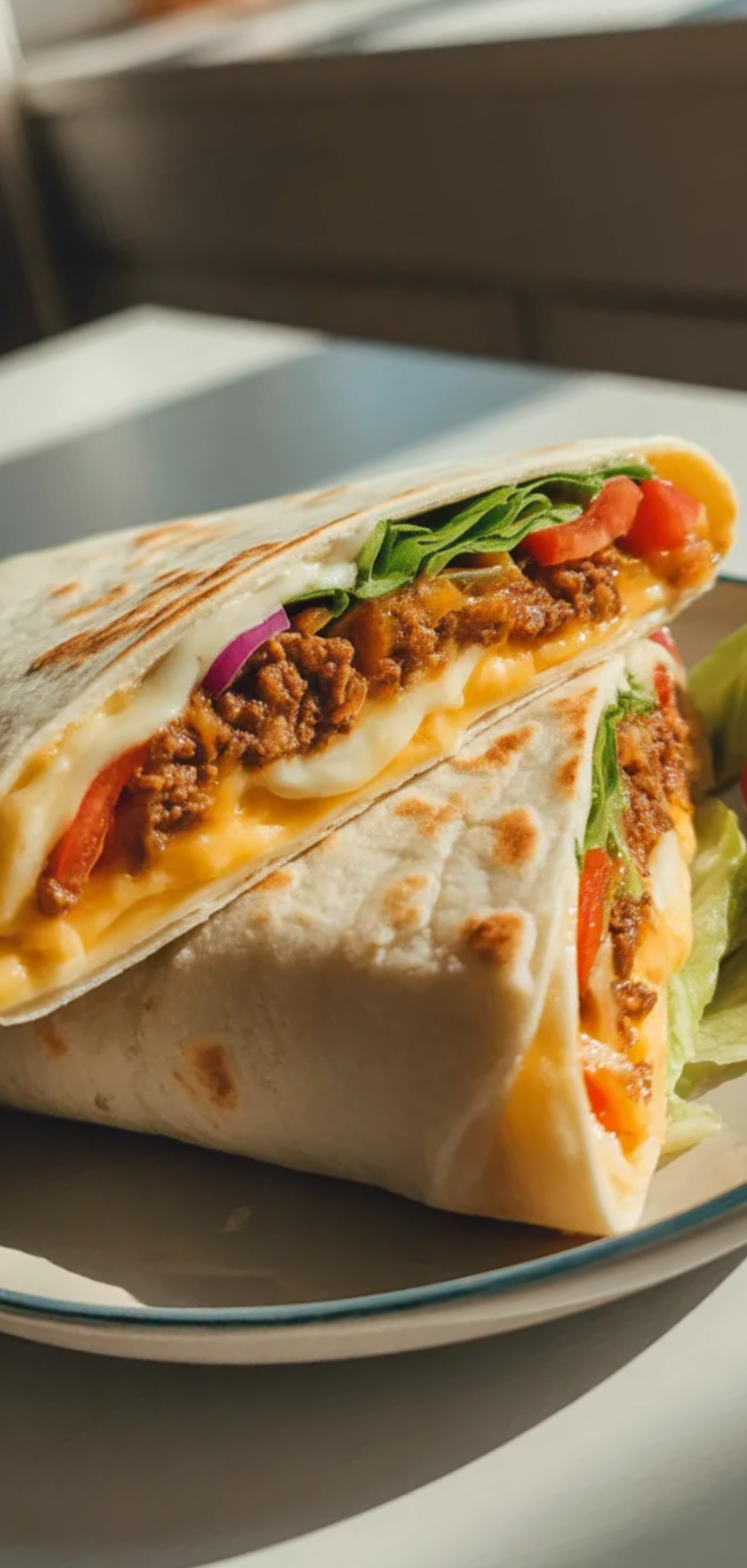 Homemade stuffed tortilla fold with melted cheese and fresh ingredients, served on a white plate, ready to eat.