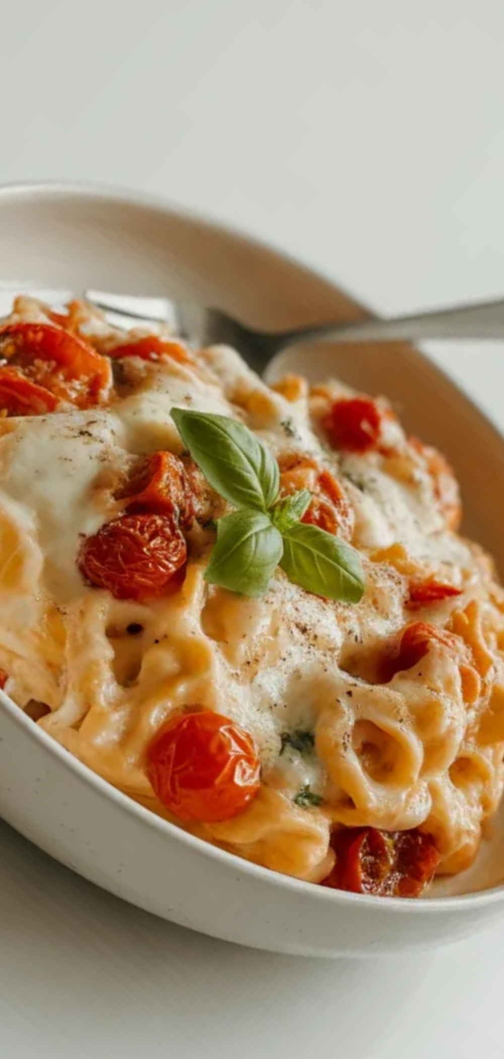 Close-up of baked feta pasta with melted feta cheese and juicy tomatoes, styled in a minimalistic food blogger style.
