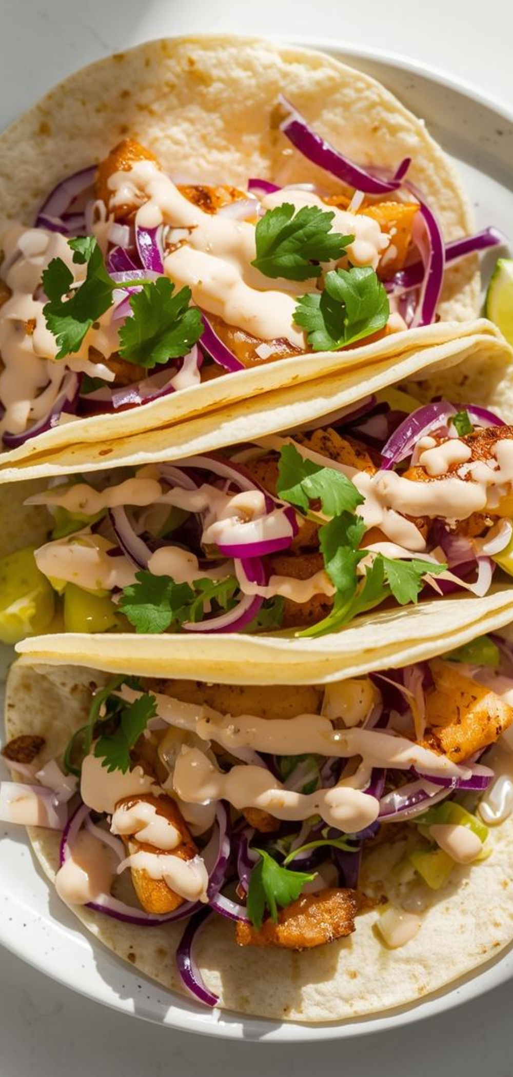 Fresh and appetizing fish tacos with tortillas, shredded cabbage, and creamy sauce, styled like a food blogger photo on a clean white table.