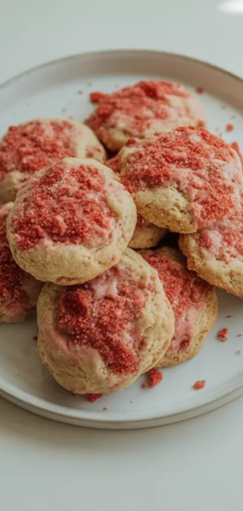 Alt Text: Soft and buttery strawberry cookies with crunchy topping placed on a white ceramic plate, natural daylight, realistic homemade look