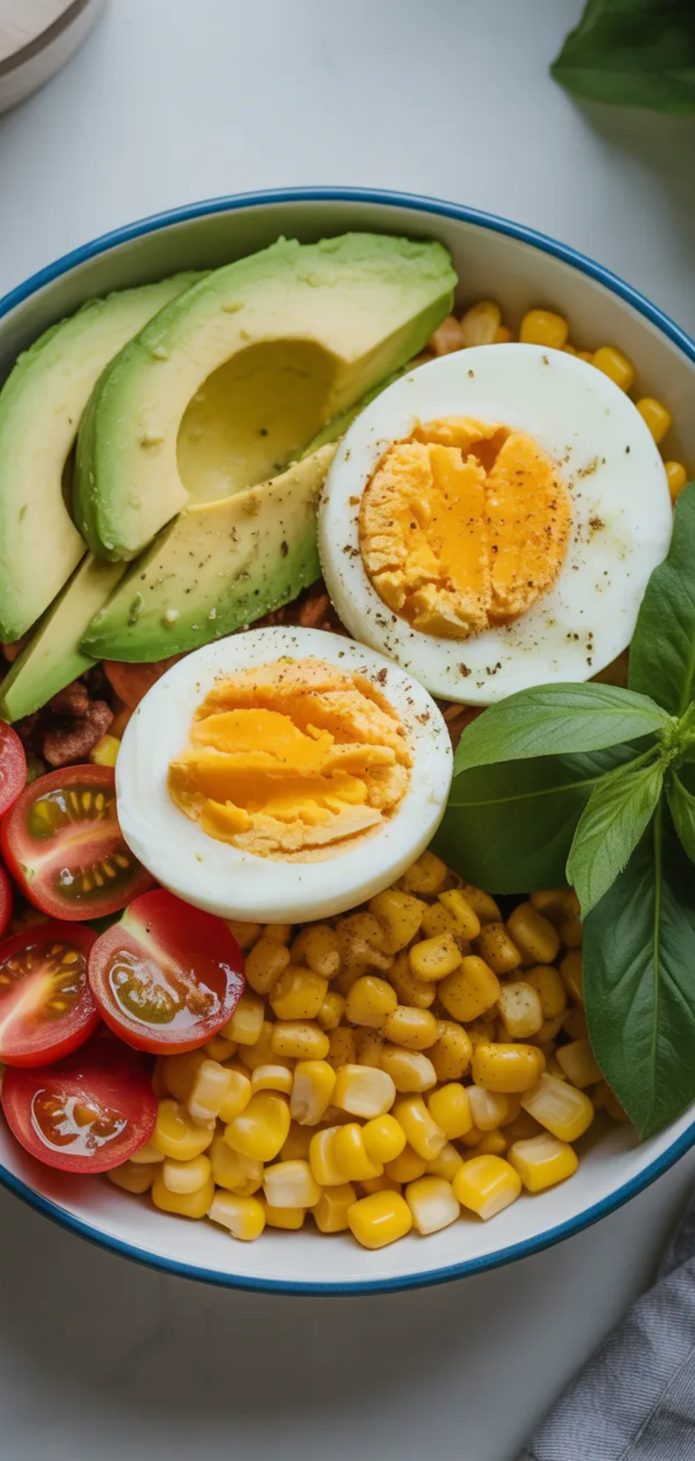 "Healthy breakfast bowl featuring sliced avocado, corn, halved cherry tomatoes, and soft-boiled eggs in a neat presentation"