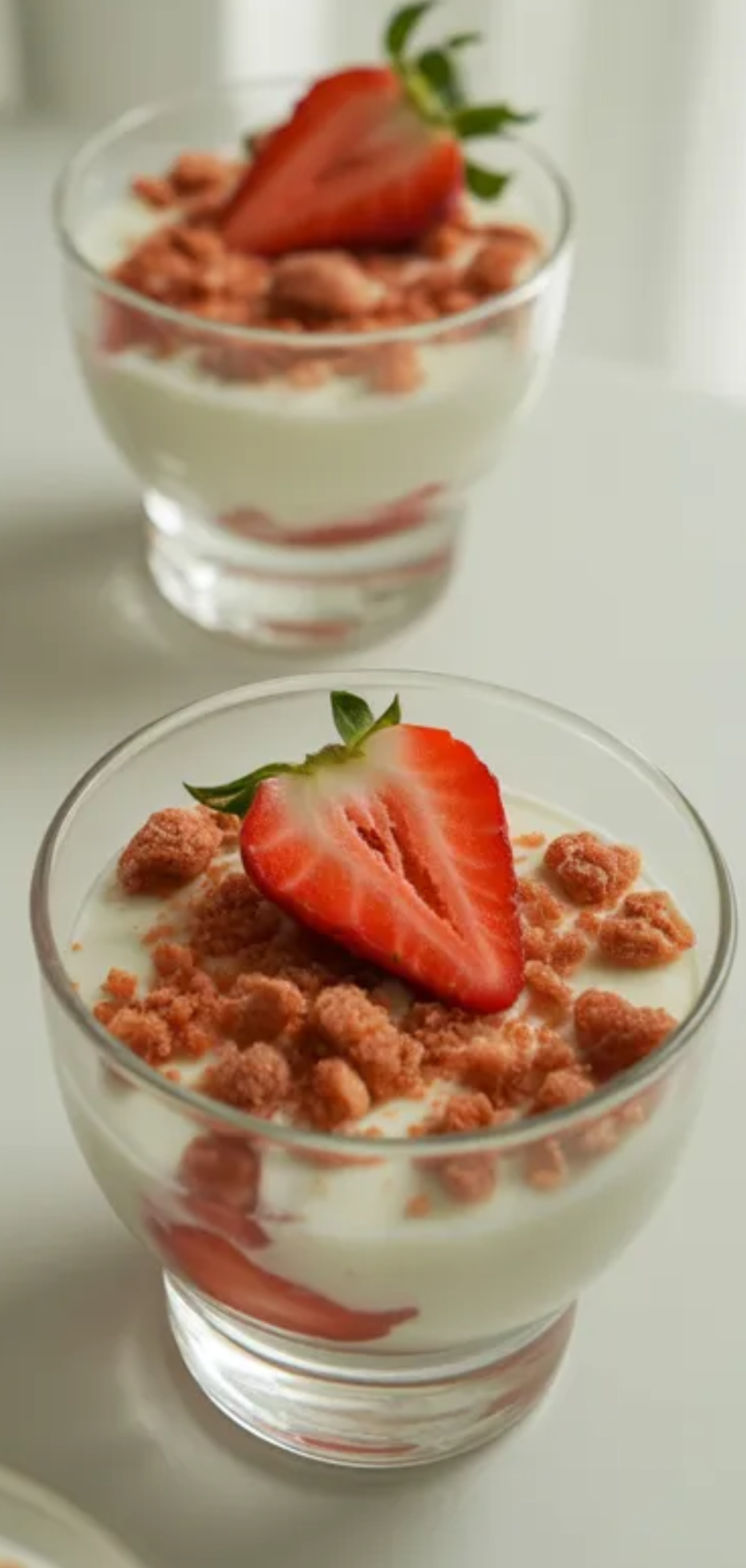 Homemade strawberry crunch cups with cream cheese filling, fresh strawberries, and golden cookie crumble topping