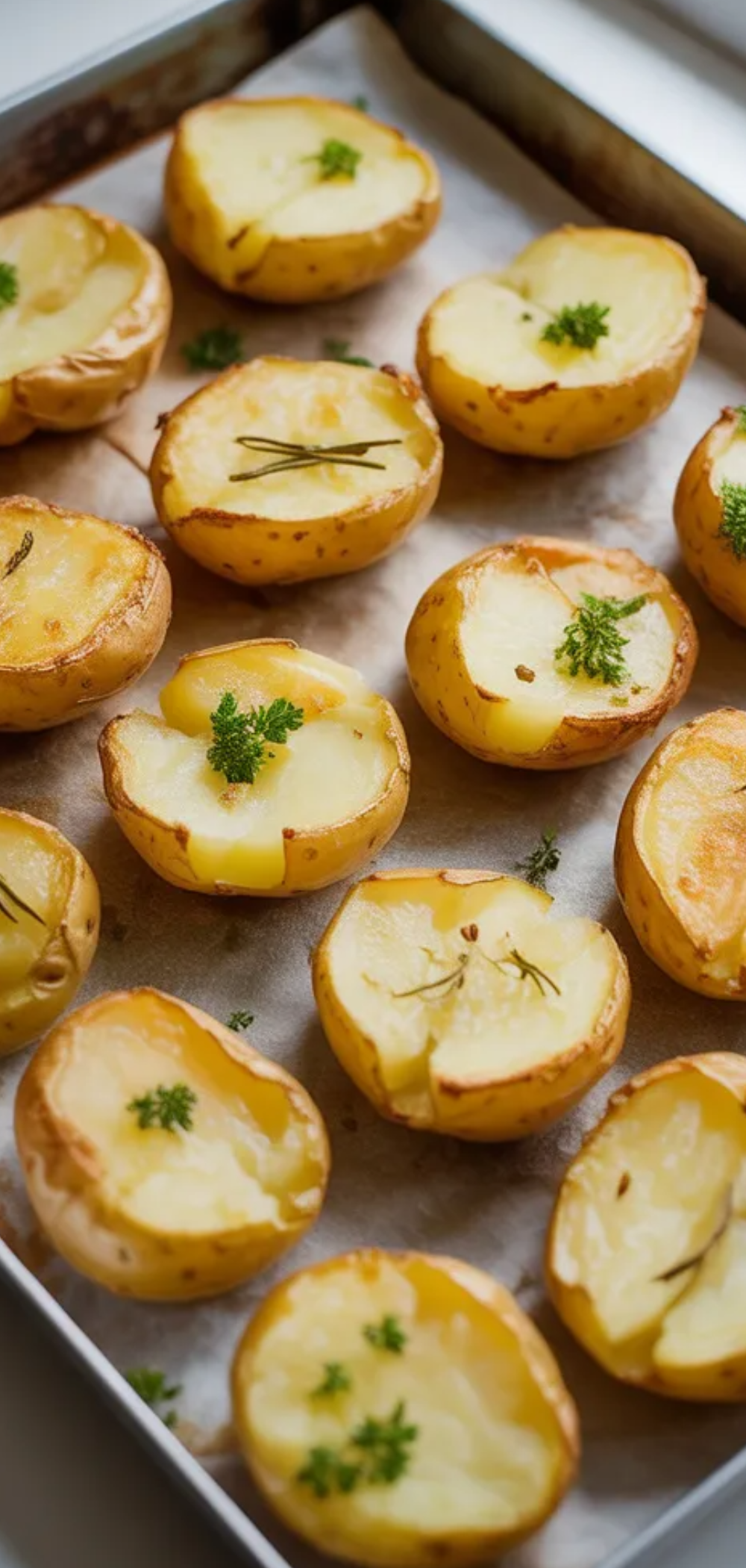 “Close-up of baked smashed potatoes with crispy edges and fluffy centers, seasoned with rosemary and olive oil.”