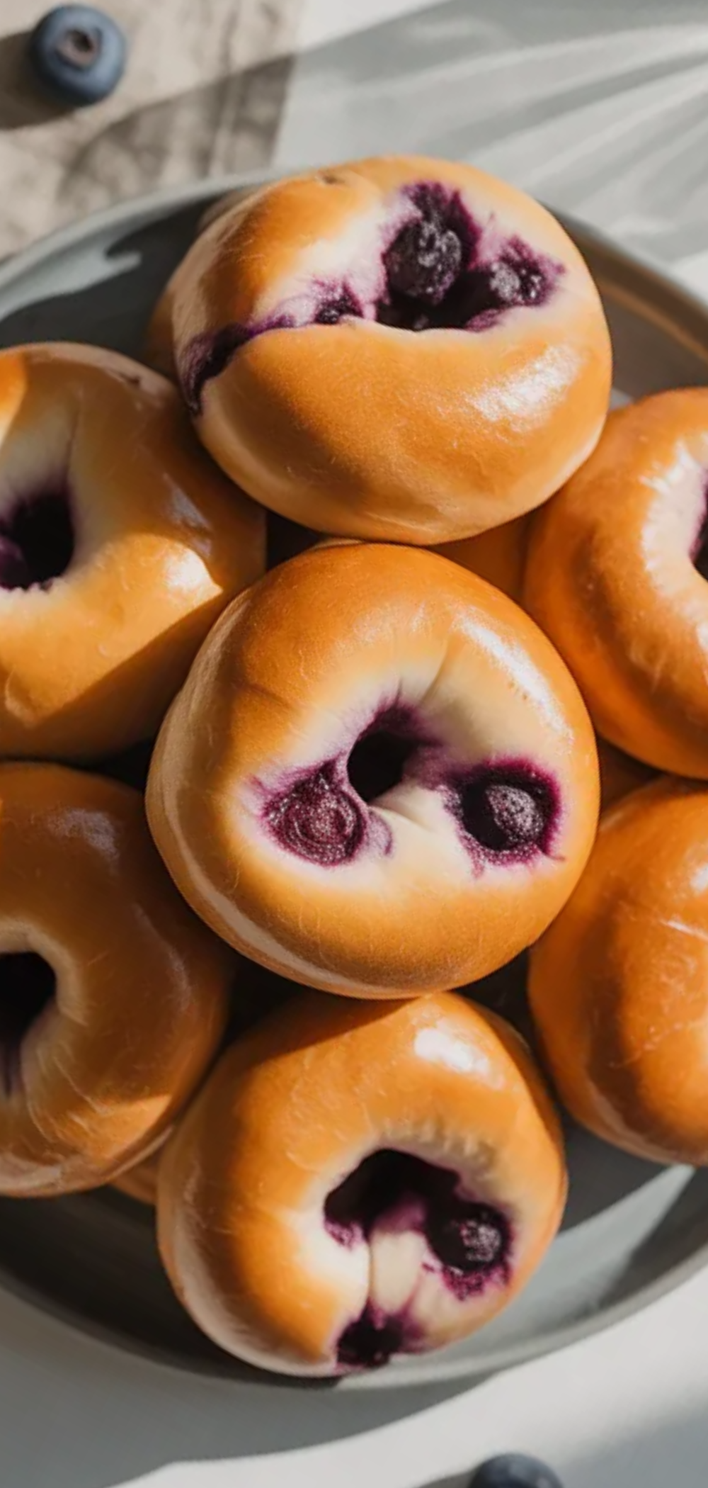 Close-up of homemade blueberry bagels with visible blueberries, placed on a white table with bright even lighting and no shadows