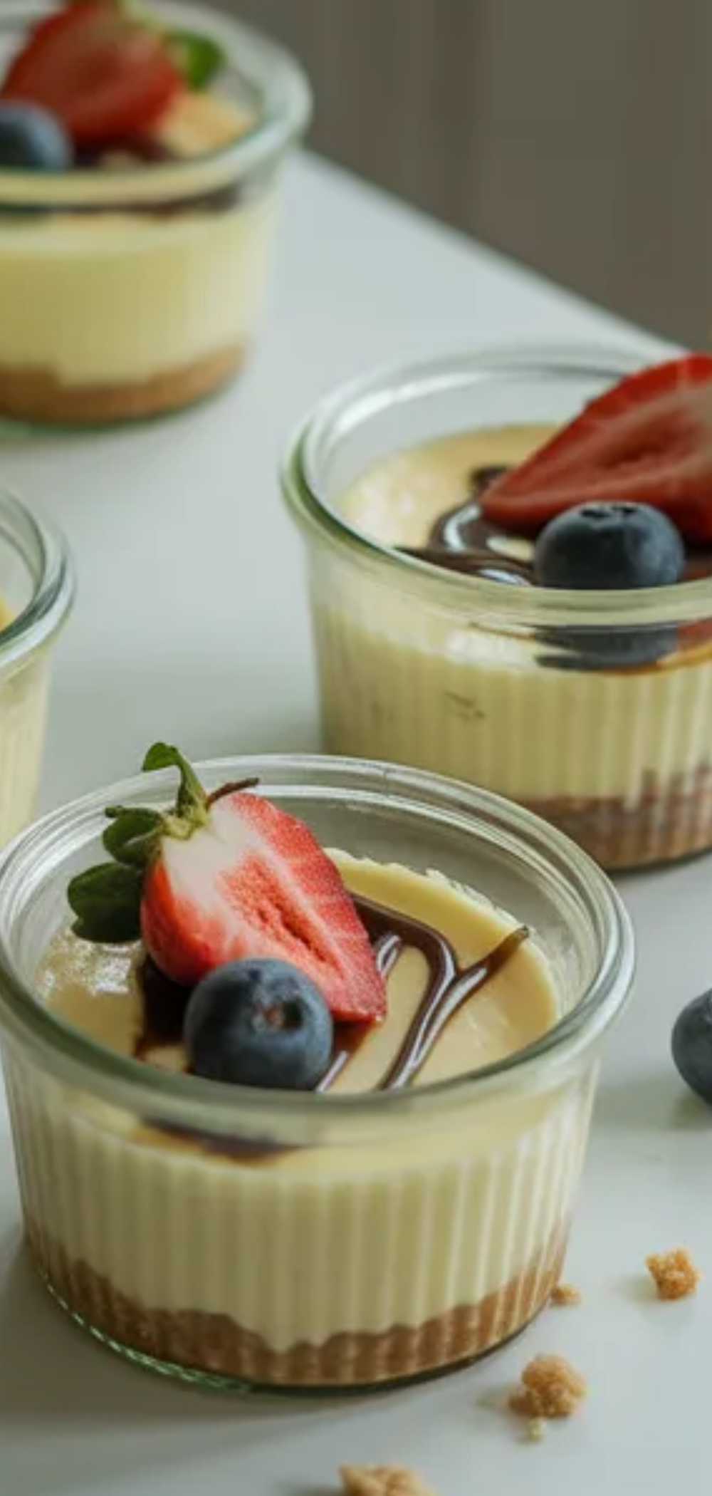 Easy no-bake cheesecake cups served in clear glasses with layered crust and creamy topping in natural light kitchen setting