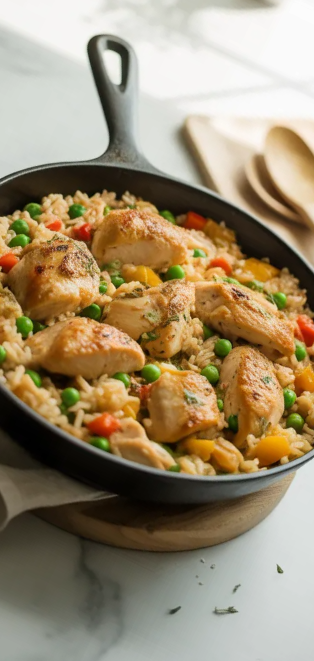 Close-up food photography of a homemade chicken and rice skillet cooked in one pan, showing tender chicken pieces mixed with seasoned rice and vegetables.