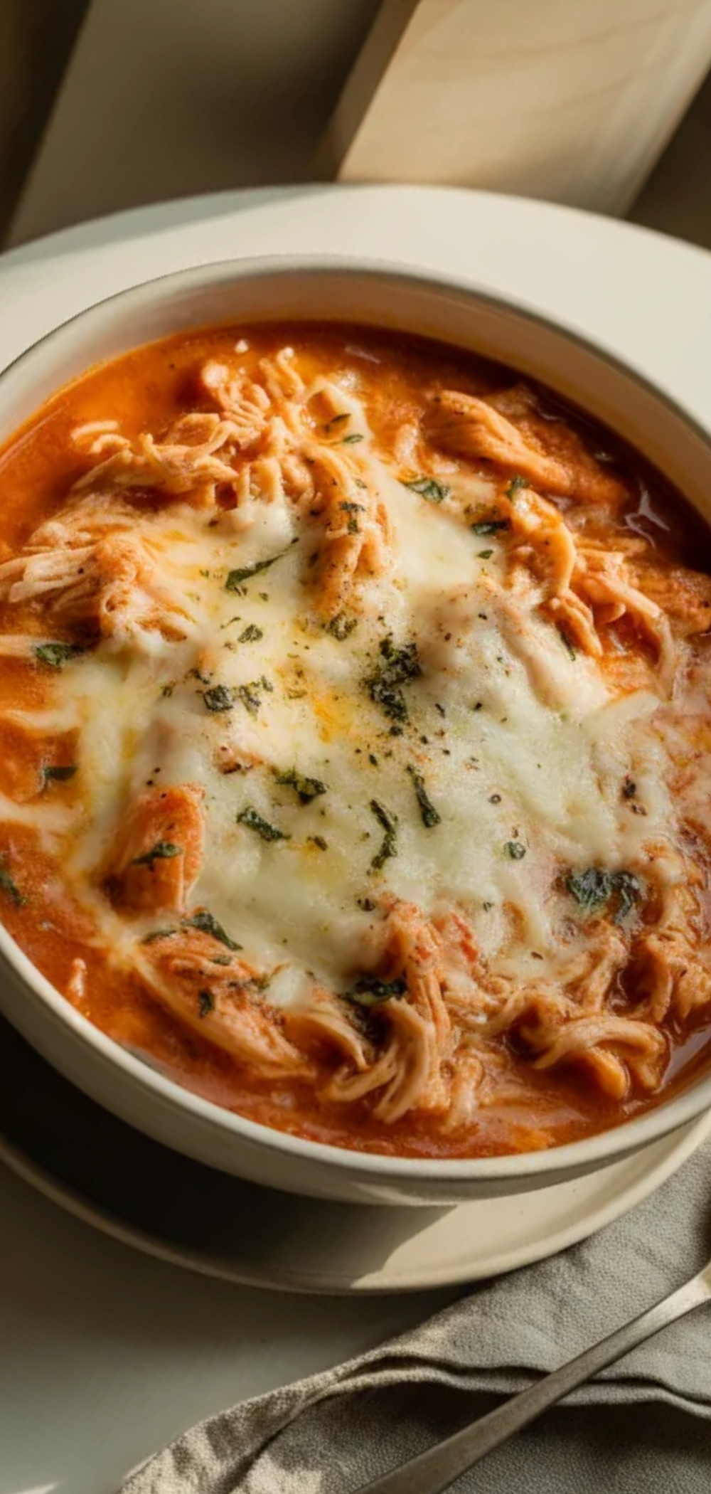 Creamy chicken parmesan soup in a white bowl on a clean white table with soft natural lighting