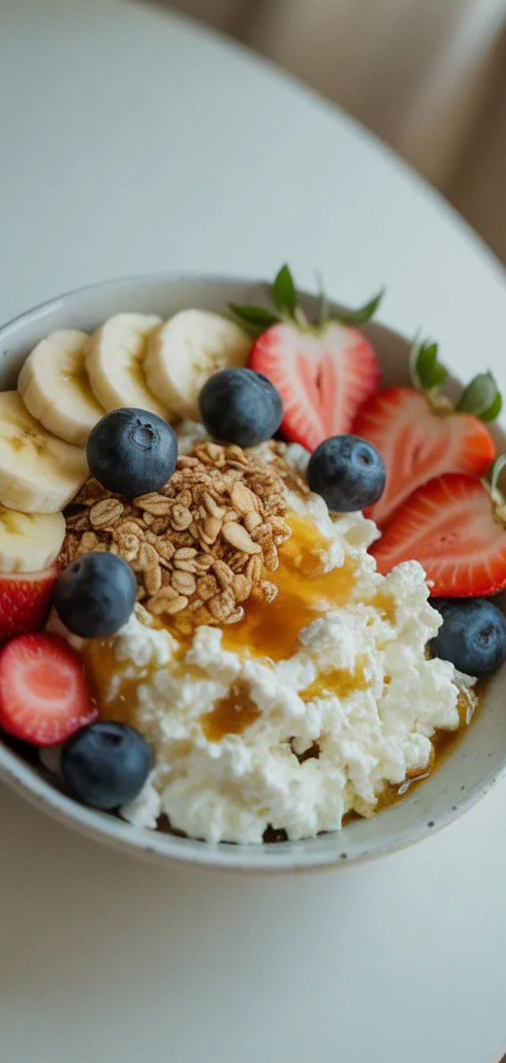 Close-up food photo of a creamy cottage cheese protein bowl with fruit and crunchy toppings, styled like a healthy breakfast on a minimalist white background.