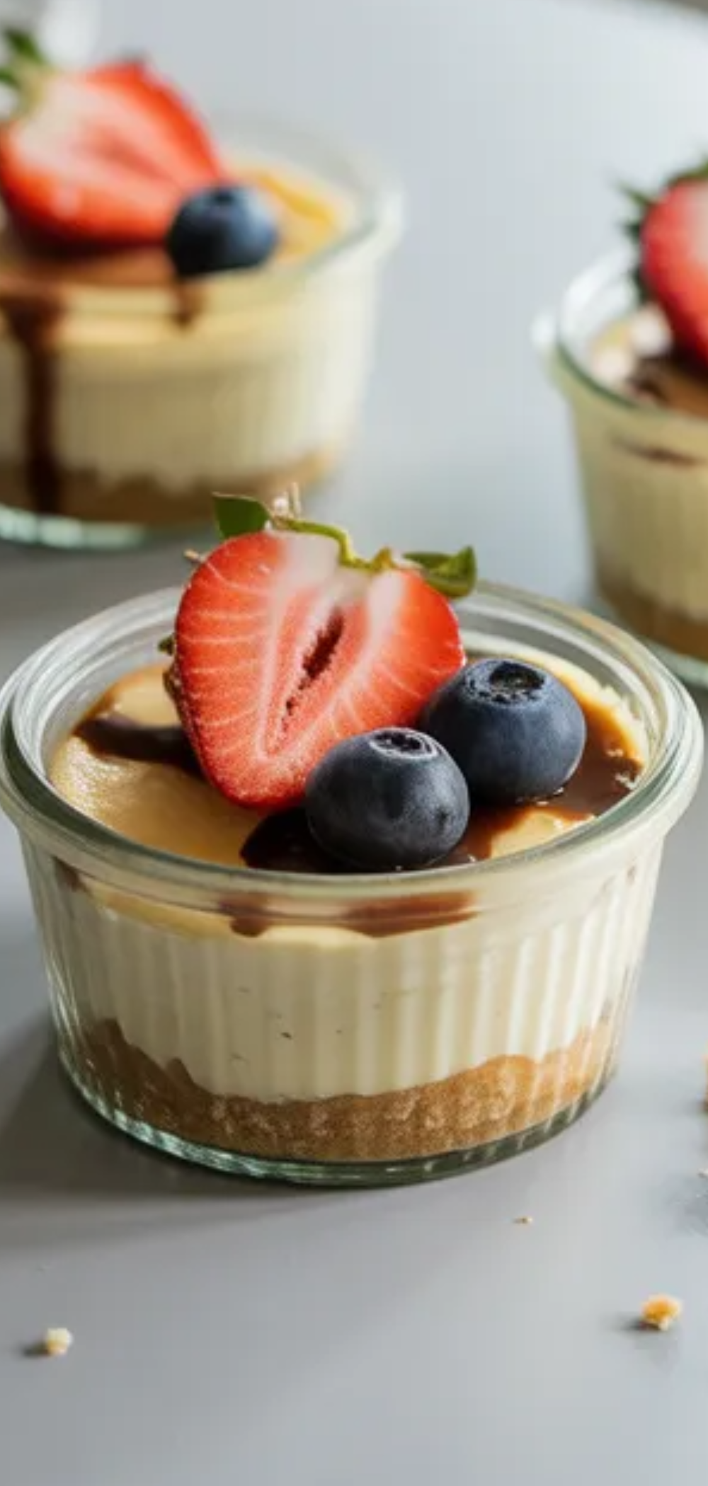 Mini cheesecake dessert cups with smooth cream cheese layer and cookie base decorated with chocolate drizzle and berries