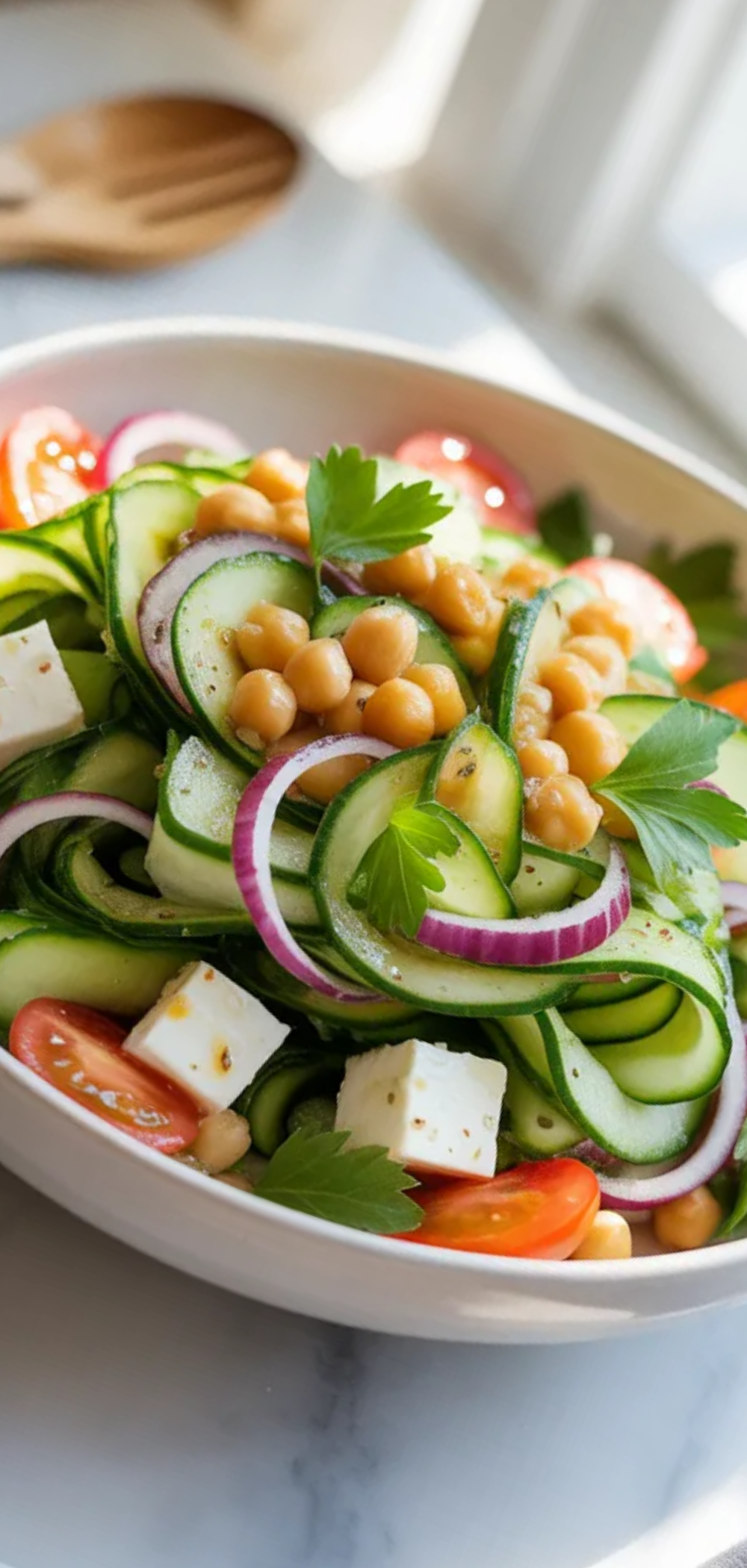 Mediterranean cucumber feta crunch salad served in a clean white bowl with fresh vegetables and olive oil dressing.