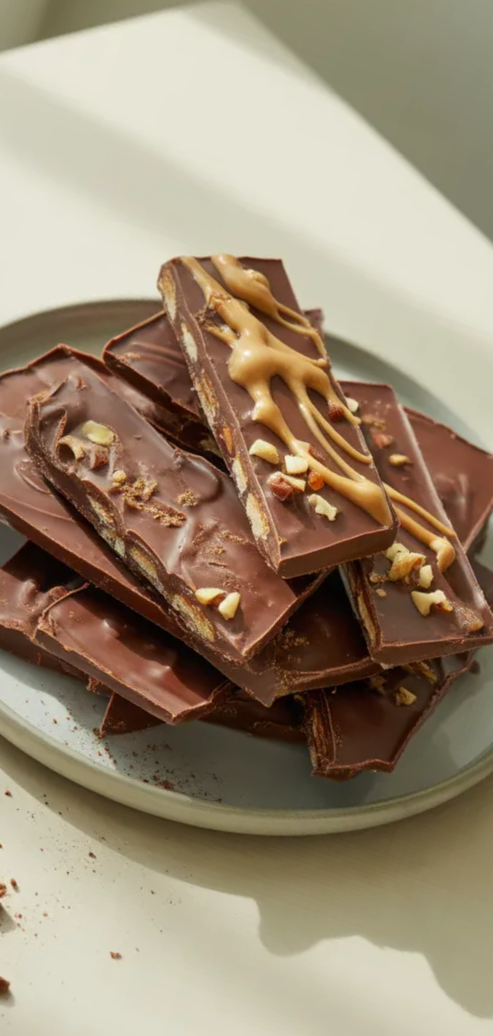 Healthy no bake chocolate date bark with chopped nuts on a white plate