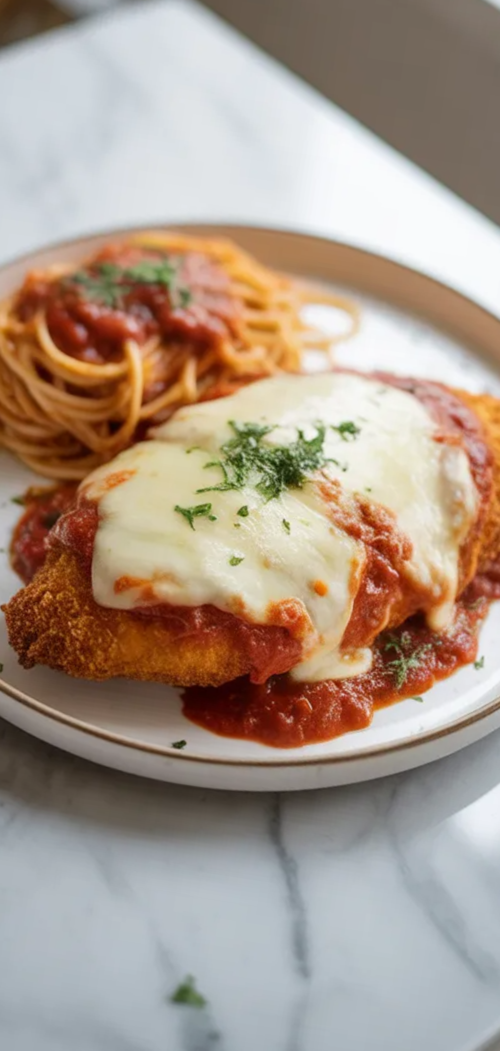 Golden breaded chicken parmesan cooked in an air fryer, covered with tomato sauce and melted cheese, styled like a food blog photo on a white marble surface.