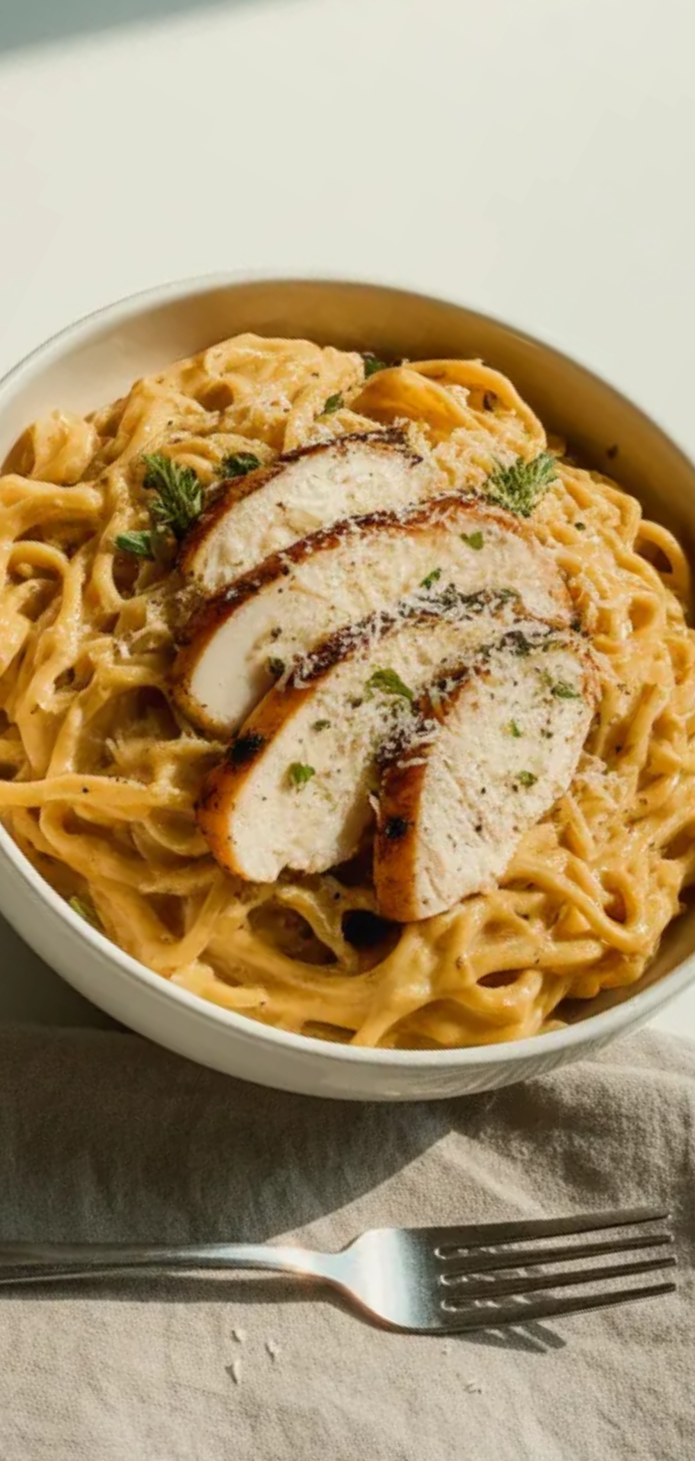 Healthy high protein pasta recipe with chicken and yogurt sauce in a minimalist food blogger style setting