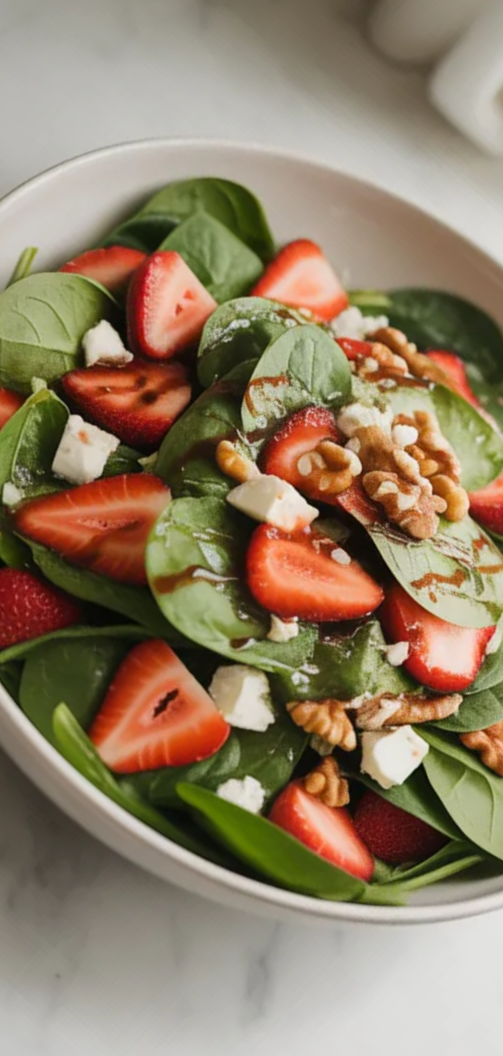 Healthy Strawberry Spinach Salad served in a clean white bowl with fresh strawberries, green spinach, nuts, and crumbled cheese, styled as a bright food blog photo.