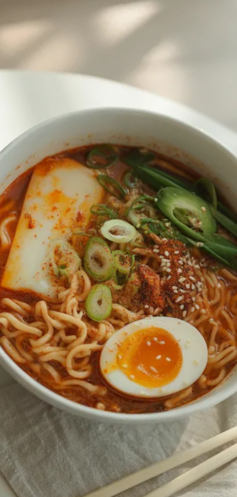 Steaming ramen noodle bowl with spicy broth, egg, and fresh toppings served on a minimal white background like a food blog photo.