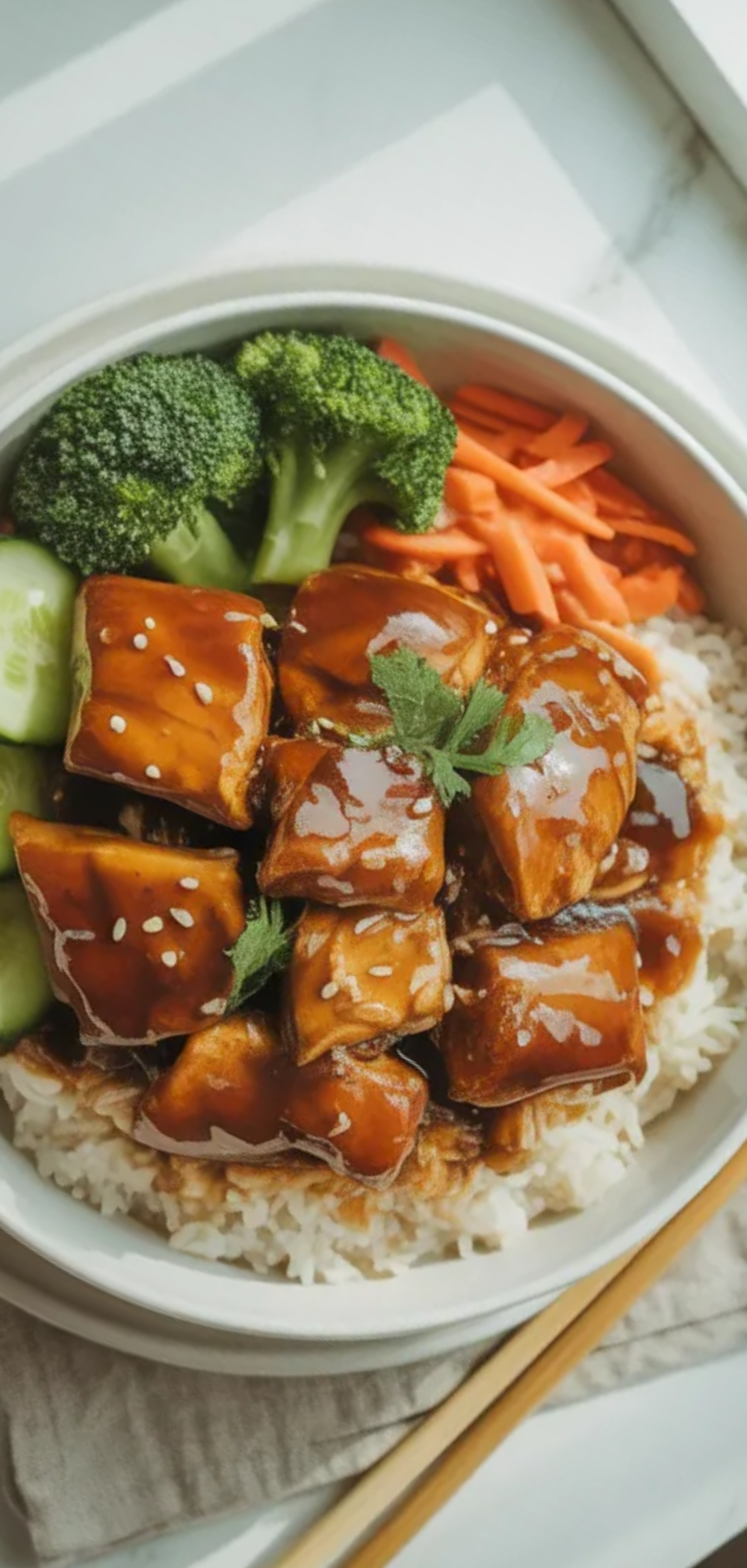 Food blogger style image of a teriyaki chicken rice bowl with colorful vegetables and shiny teriyaki sauce in soft natural light.


