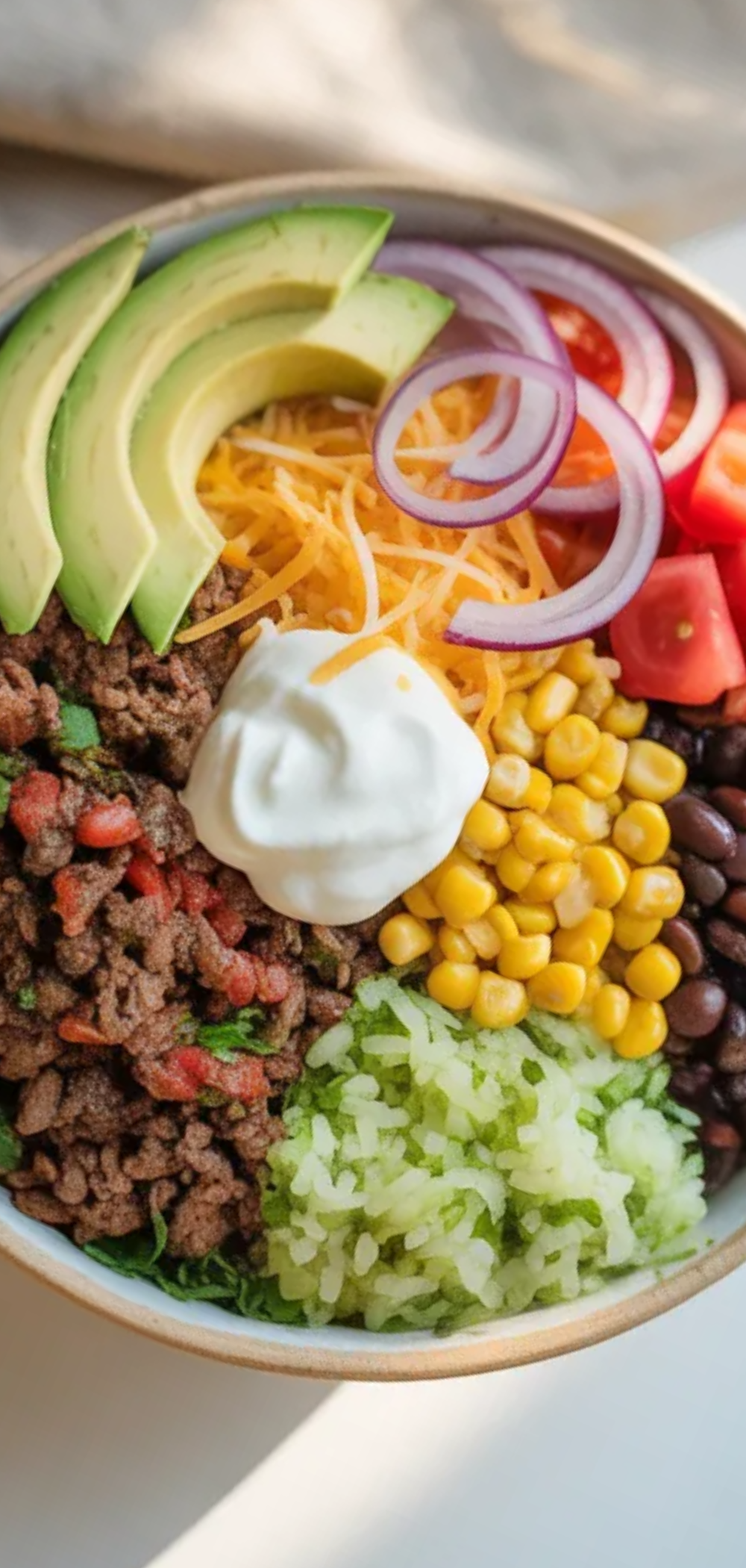 Healthy beef burrito bowl served in a white ceramic bowl with rice, spiced ground beef, beans, and fresh toppings, styled like a food blogger photo on a white background.