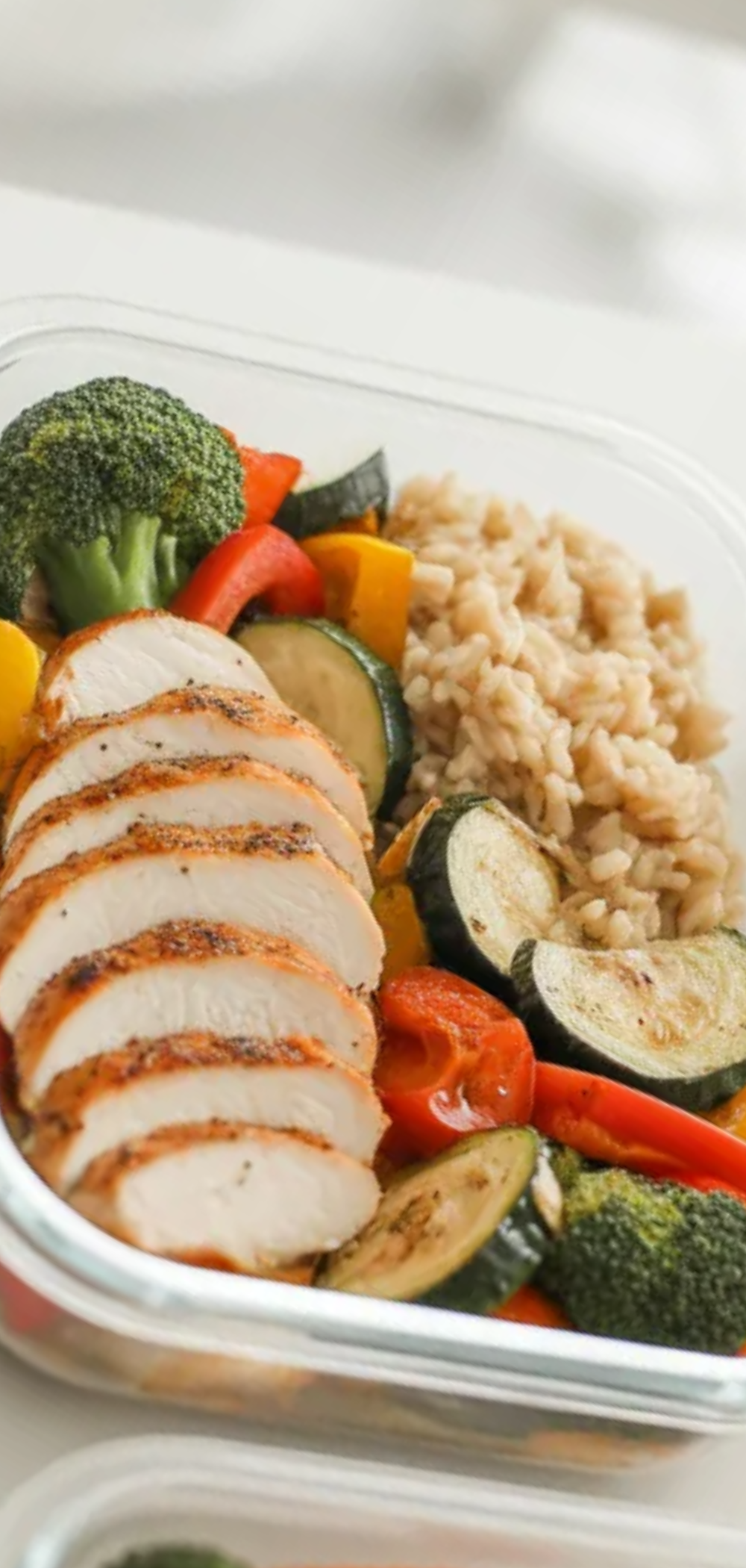 High protein chicken meal prep idea with juicy sliced chicken, colorful roasted vegetables, and rice, styled on a bright white background