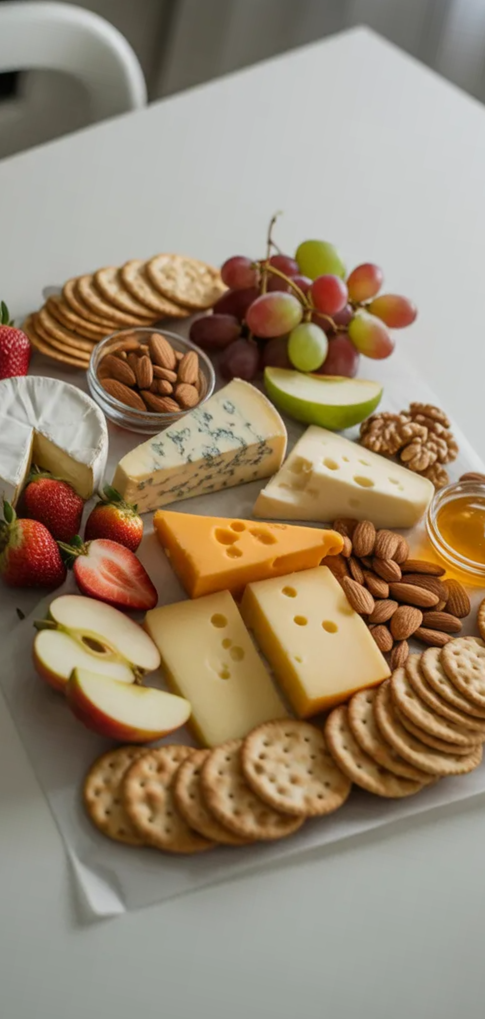 Easy homemade cheese and fruit snack board with grapes, strawberries, almonds, and honey, styled on a minimalist white background.