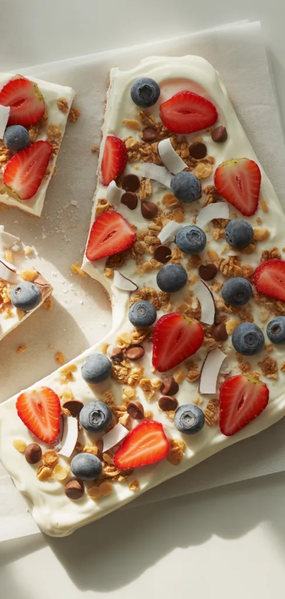 Flat lay of yogurt bark pieces with fresh berries and chocolate chips on top, styled like a food blog photo with natural lighting.