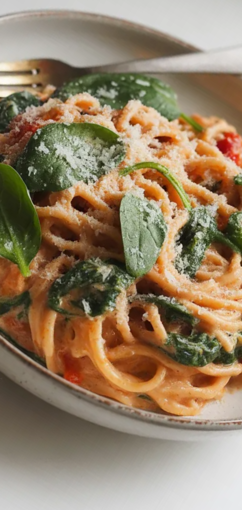 “Delicious creamy pasta with tomato sauce and wilted spinach in a rustic white bowl, soft natural lighting.”