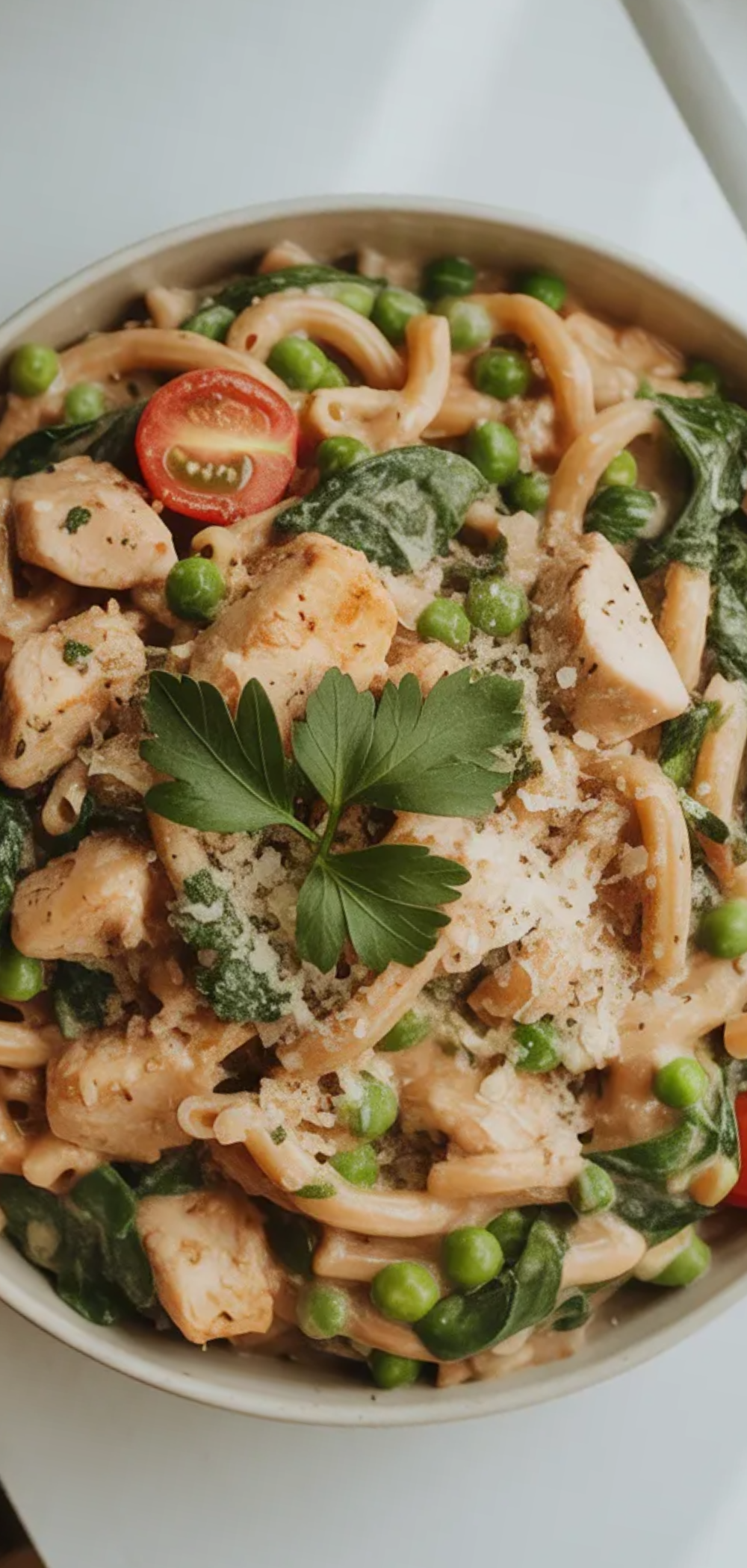 “Healthy whole-grain pasta with diced chicken, fresh vegetables, and creamy sauce in a white bowl, food blogger style photo”