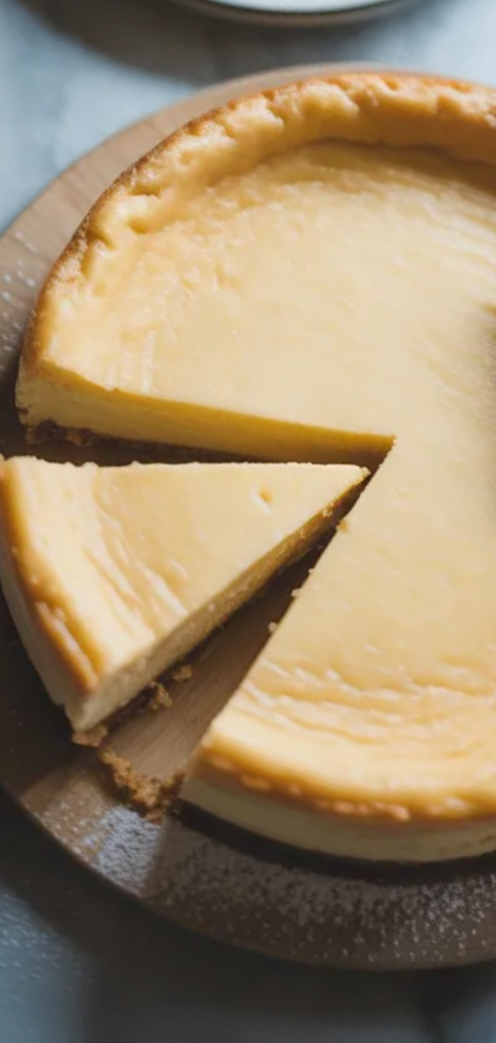 A soft and fluffy baked cheesecake made with only three ingredients, served as a slice on a white ceramic plate, topped with fresh strawberries and light powdered sugar, placed on a clean white marble table with soft natural daylight, styled like a professional food blog photo.