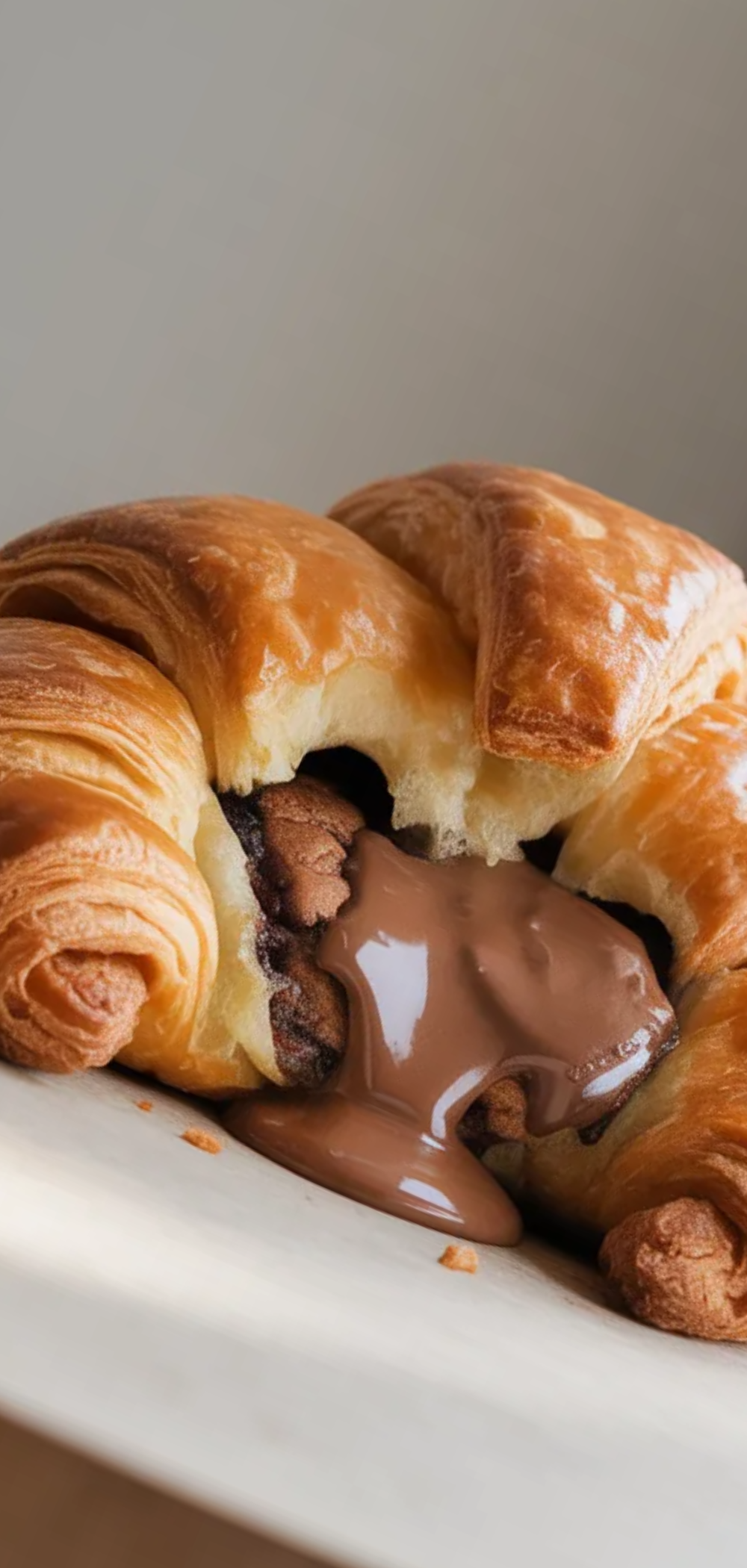 Fresh baked cookie croissant with soft cookie center and flaky pastry served on a clean white background