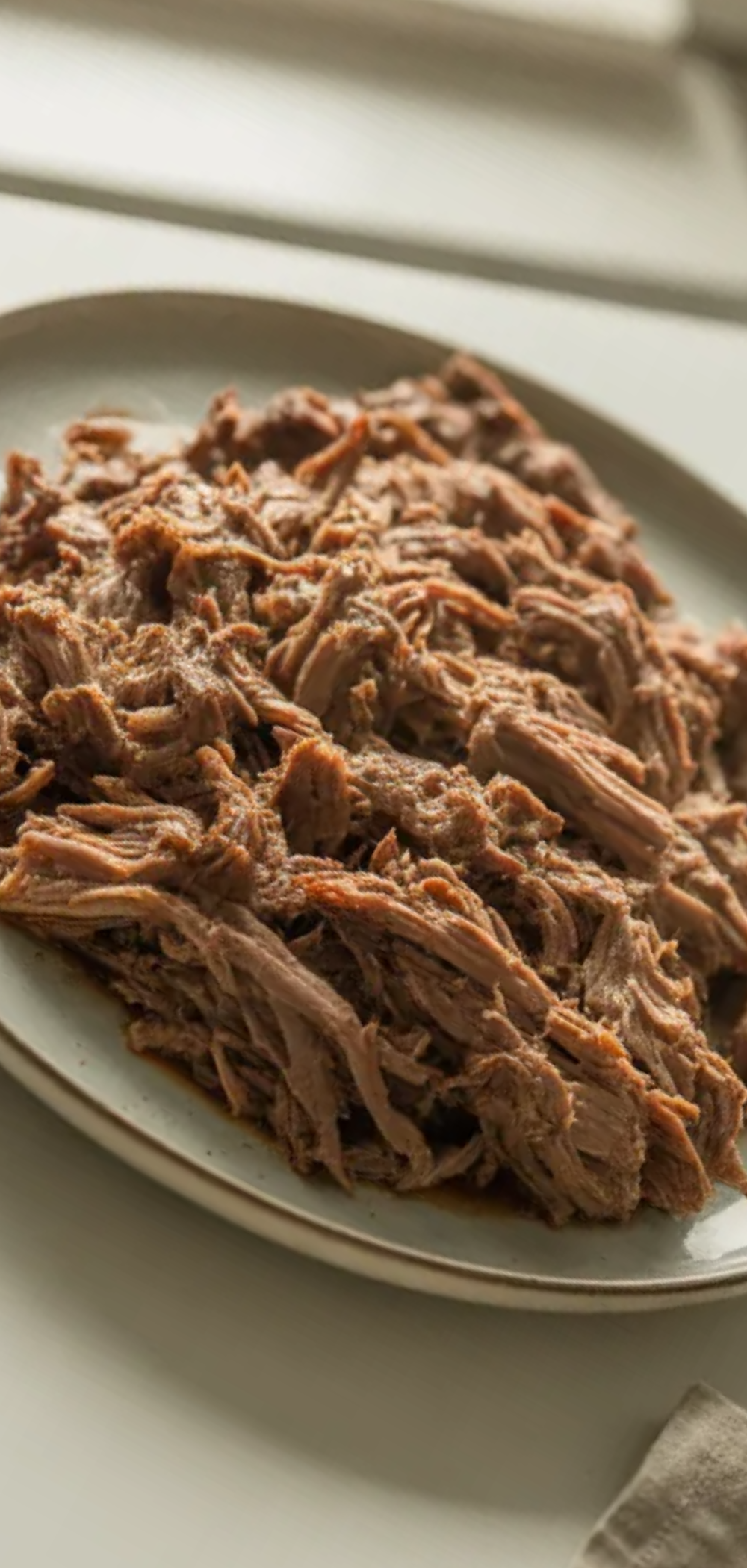 Juicy shredded beef on a white plate with natural lighting food photography style