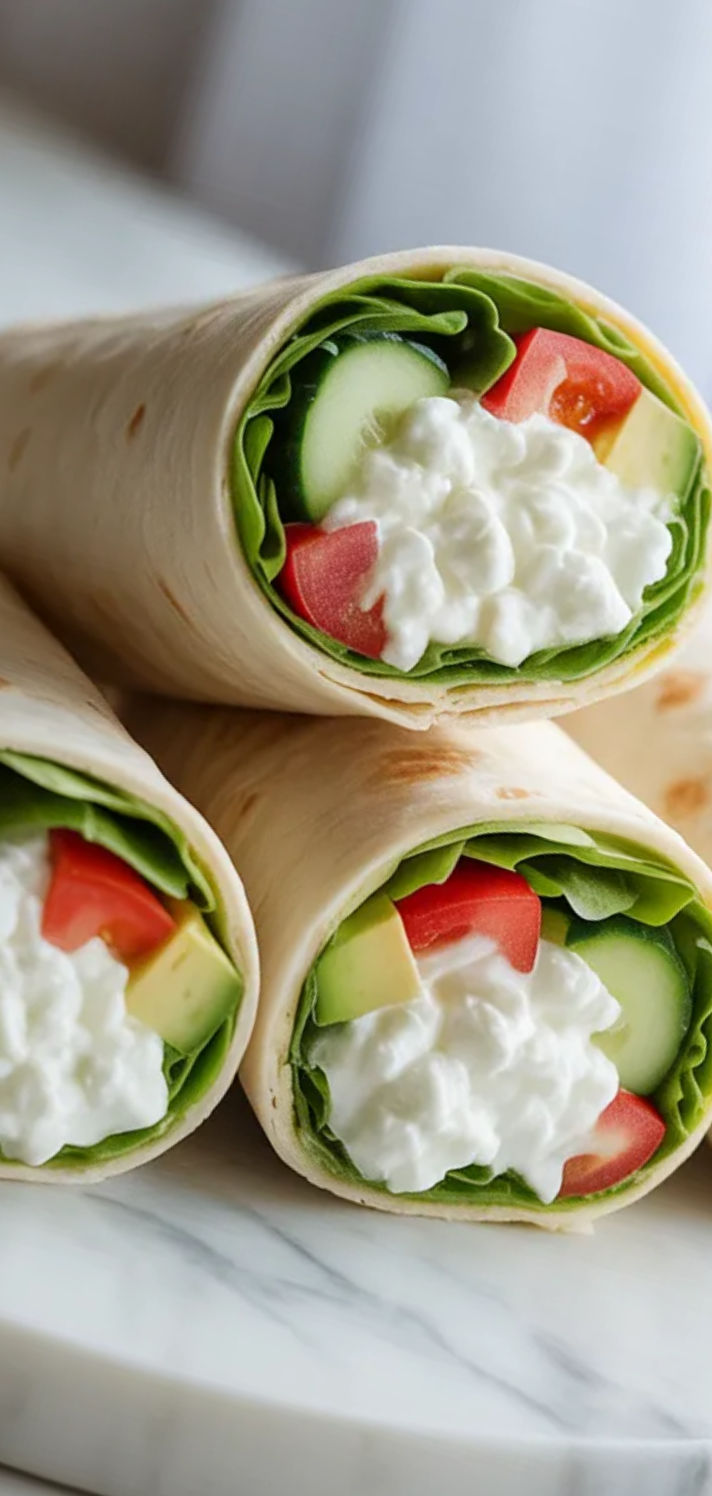 Healthy cottage cheese wraps with lettuce tomato and avocado arranged on a clean white surface