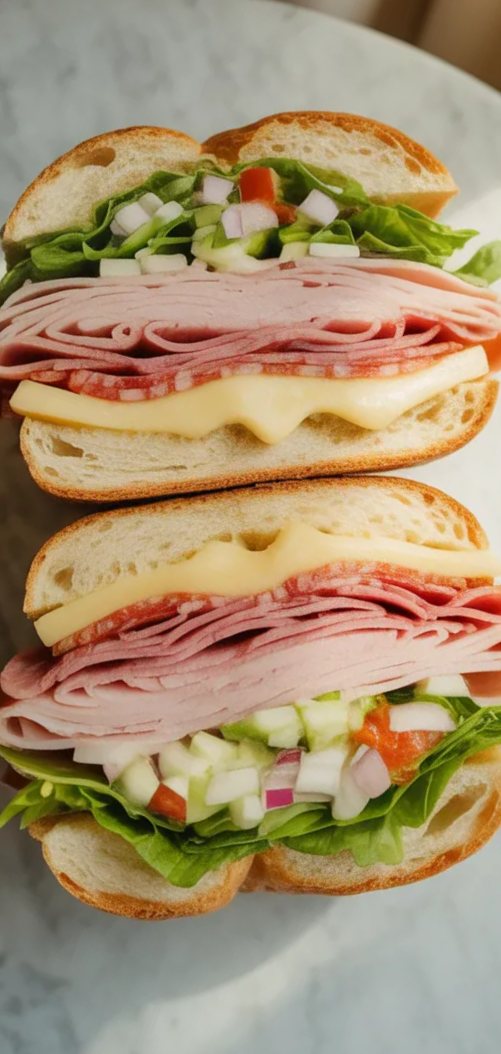 Fresh grinder sandwich with melted cheese and creamy dressing served on a clean white background