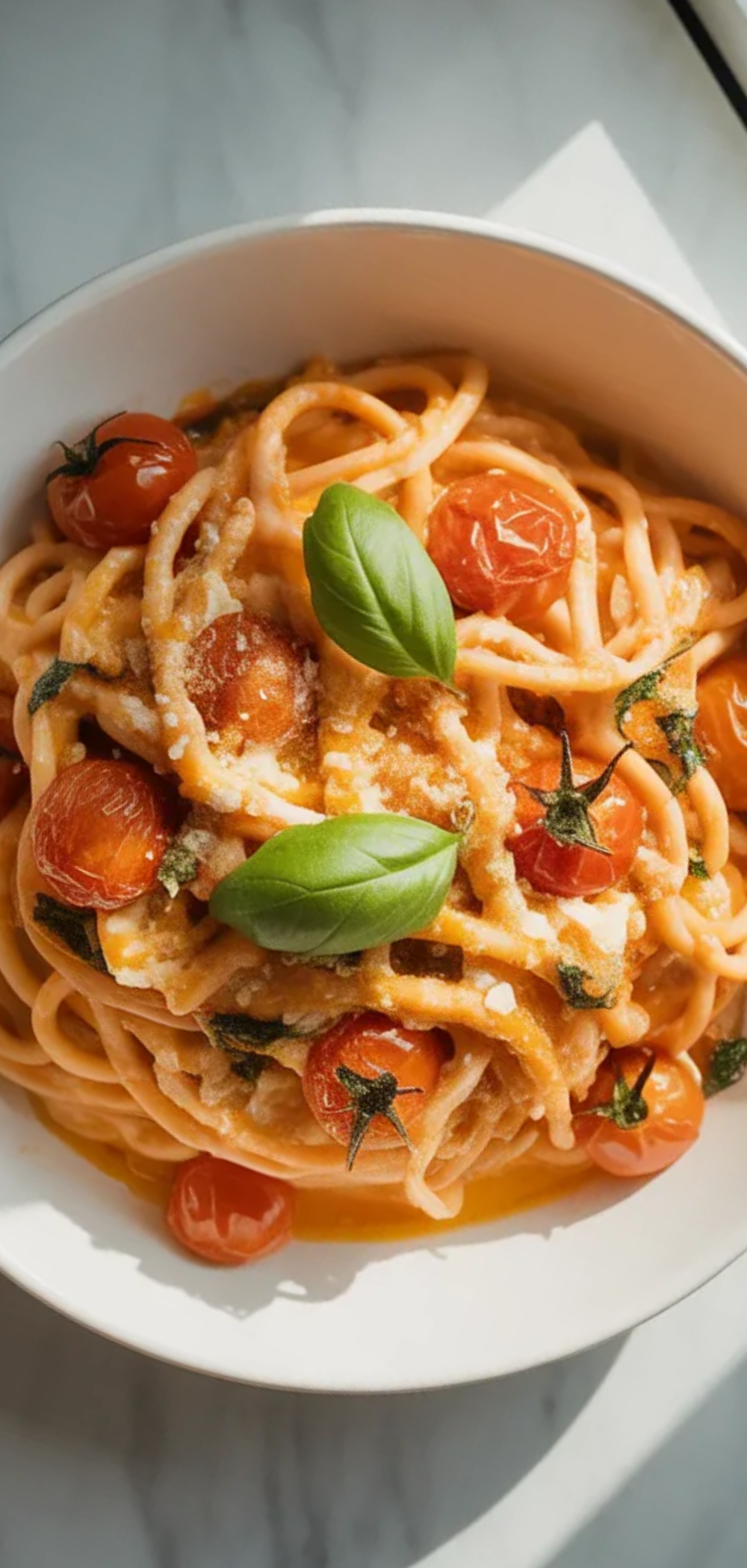 Close-up of creamy feta pasta coated in roasted tomato sauce with basil garnish, served in a minimal bright food blogger style setting.

