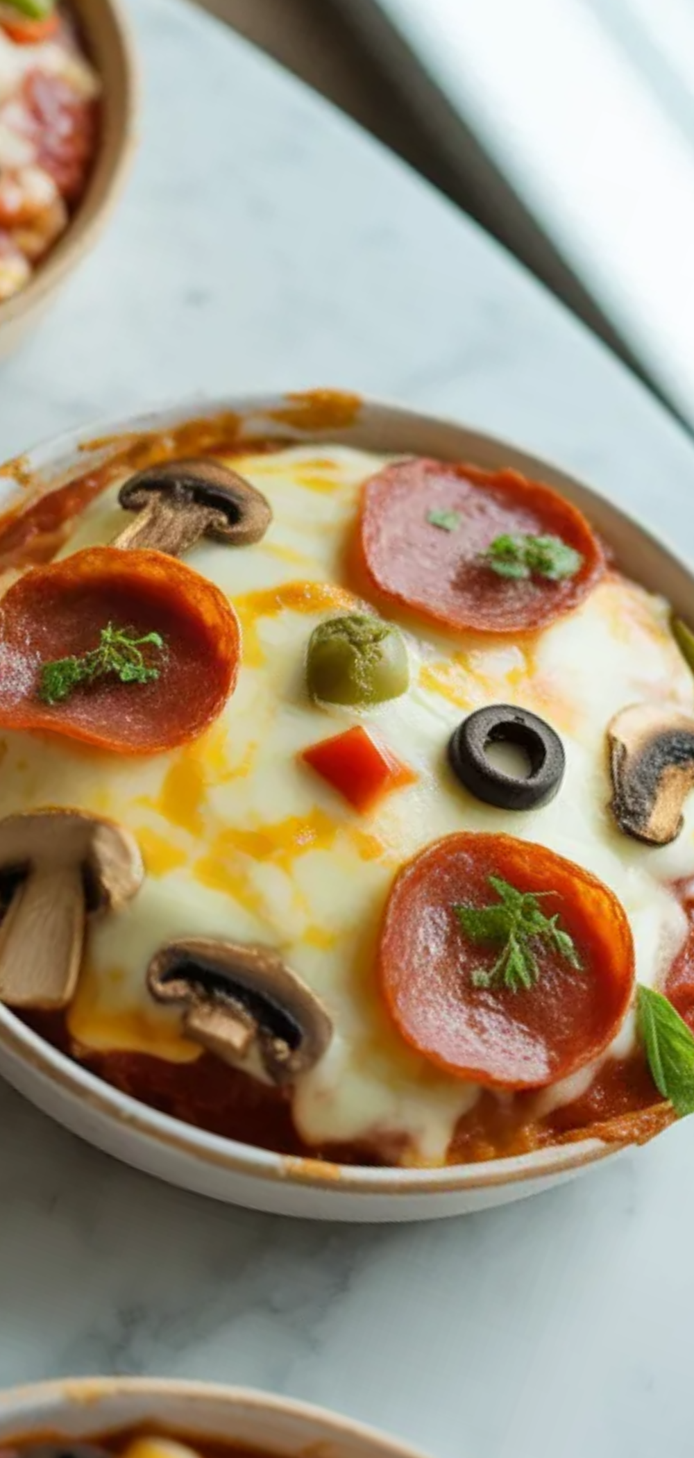 Healthy pizza bowls without crust served in small white bowls with melted cheese, vegetables, and pepperoni in natural soft lighting