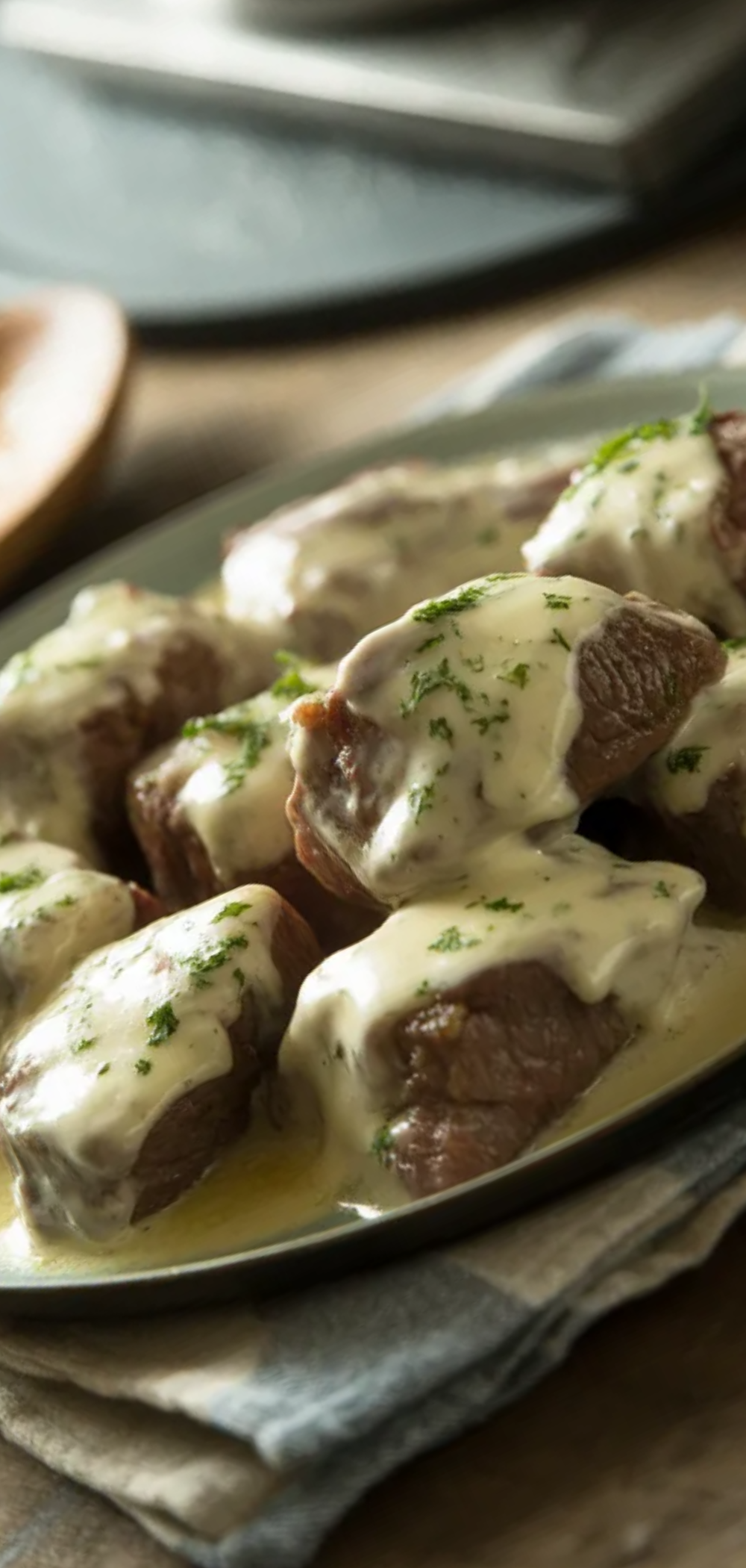 Close-up of creamy garlic butter steak bites with parmesan and parsley in a clean food blogger style setup