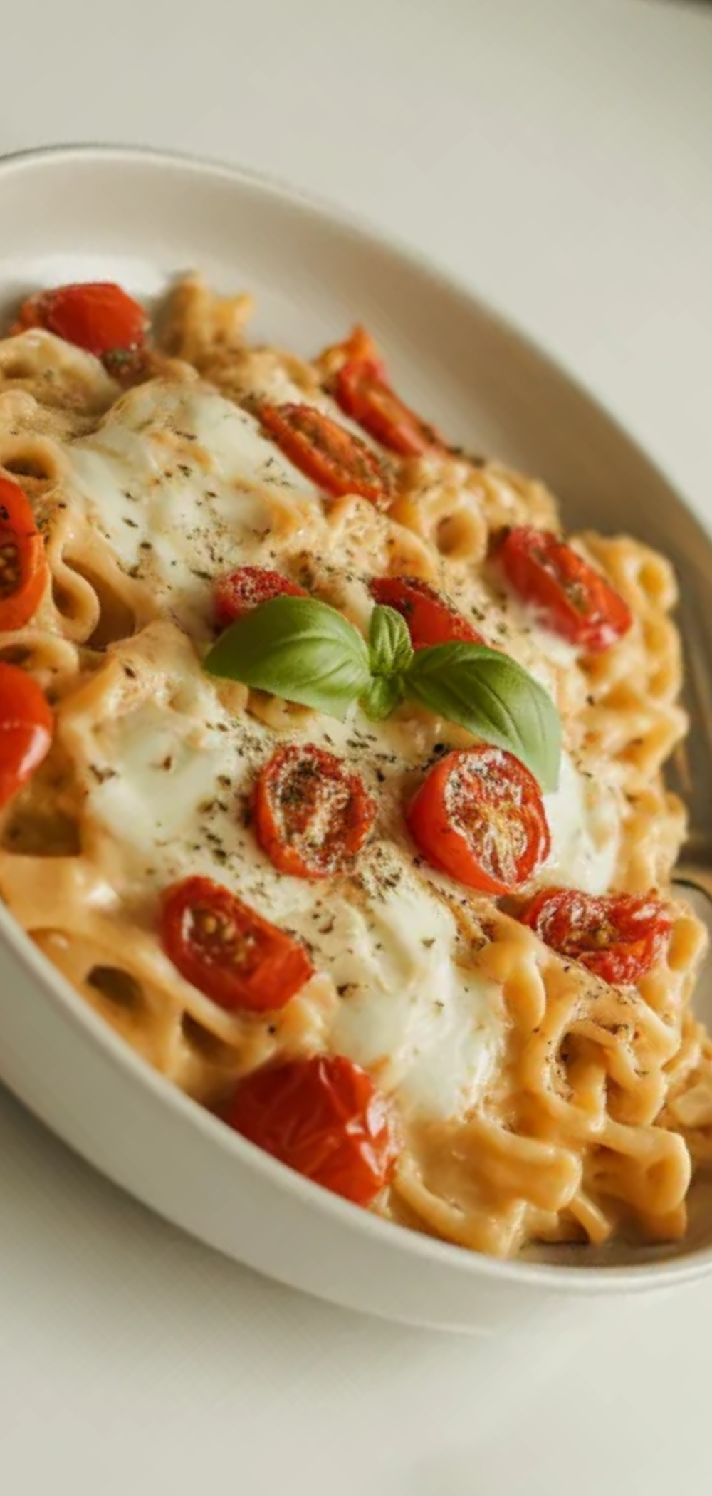 Delicious creamy feta pasta served in a white bowl with bright natural lighting, perfect for family dinners.