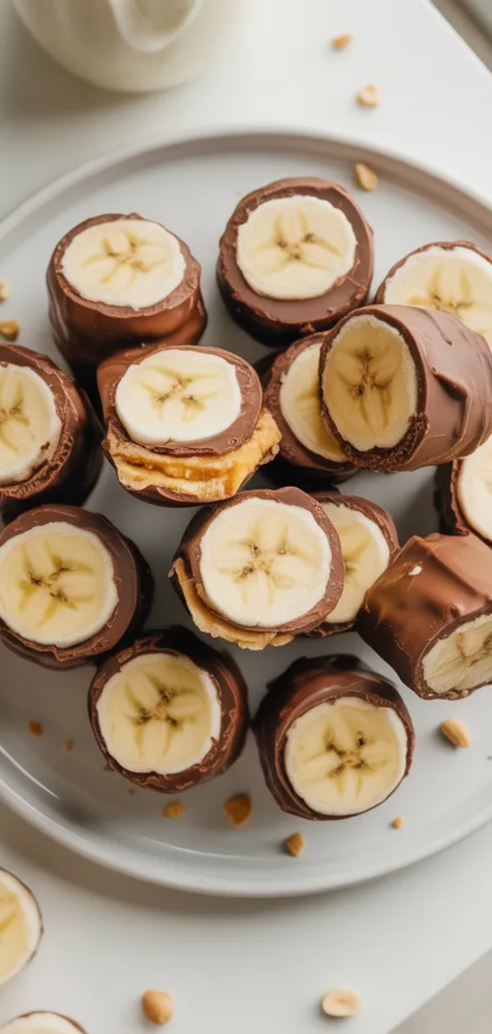 Homemade frozen banana snack bars with chocolate coating and peanut topping, styled like a food blog photo on a minimal background.