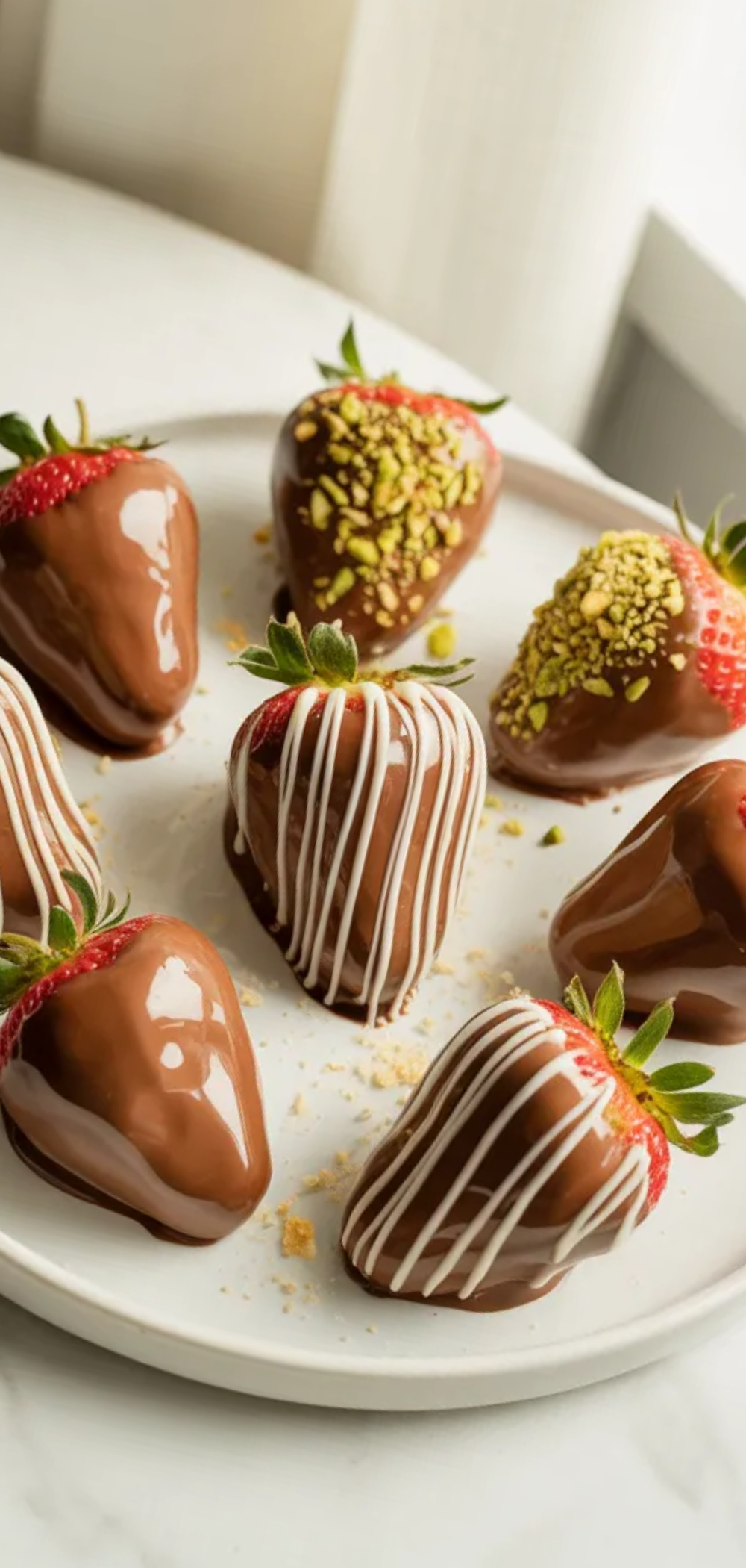 Elegant homemade dessert of chocolate-dipped strawberries with Middle Eastern toppings, styled on a clean white background.

