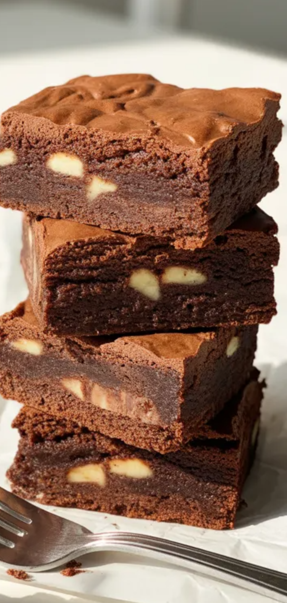 “Healthy chocolate protein brownies styled on a white plate with natural sunlight and minimal props.”