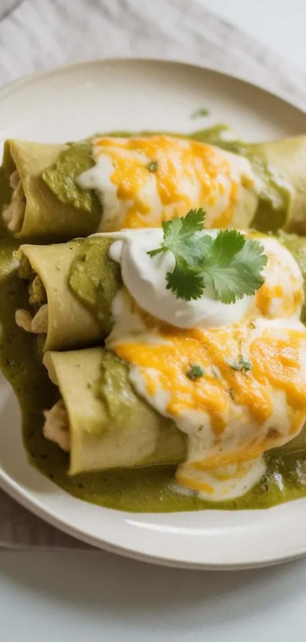 Realistic food photo of baked green enchiladas with chicken and cream cheese garnished with cilantro in soft light