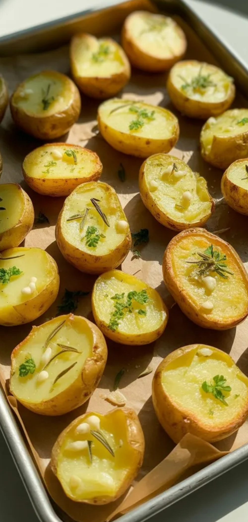“Homemade smashed potatoes on a white baking sheet, garnished with fresh herbs, fresh out of the oven.”