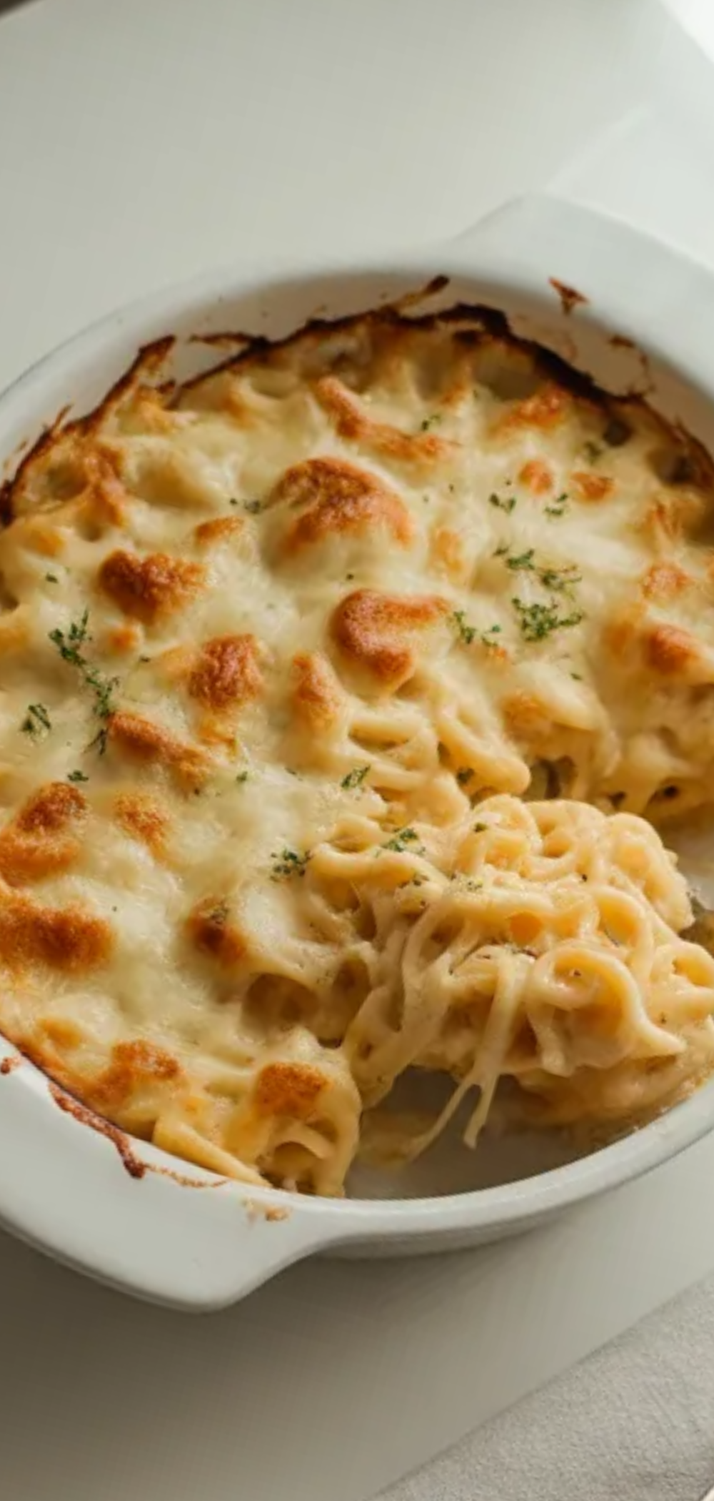 Easy homemade cheesy pasta bake with bubbly melted cheese and crispy top served in a white baking dish