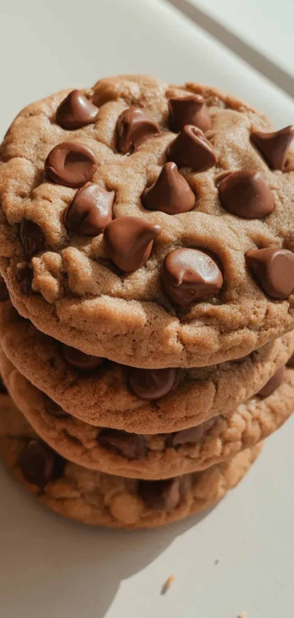 “Homemade brown butter chocolate chip cookies with crumbs on a white table, natural daylight highlighting texture”