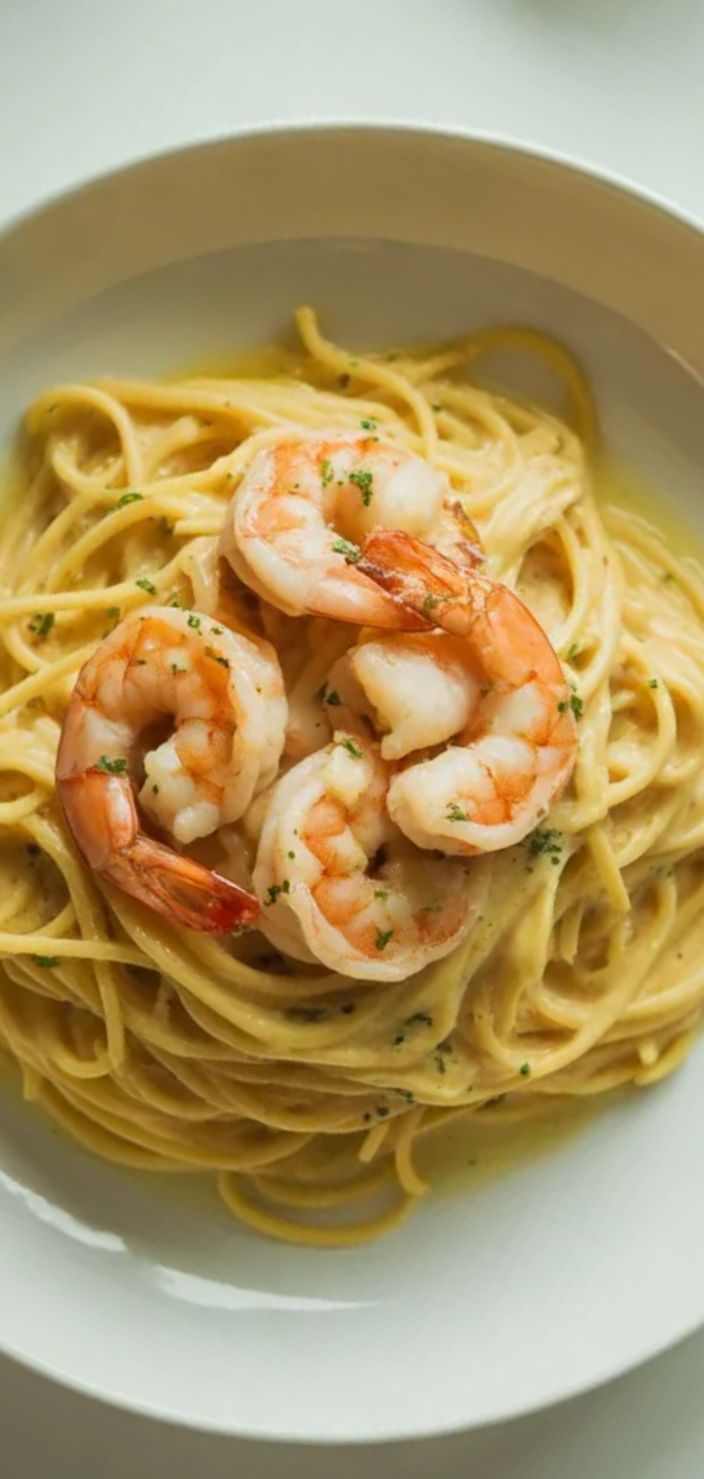 One-pot shrimp pasta with garlic butter sauce and parsley in a minimal white setting with soft light and realistic food styling