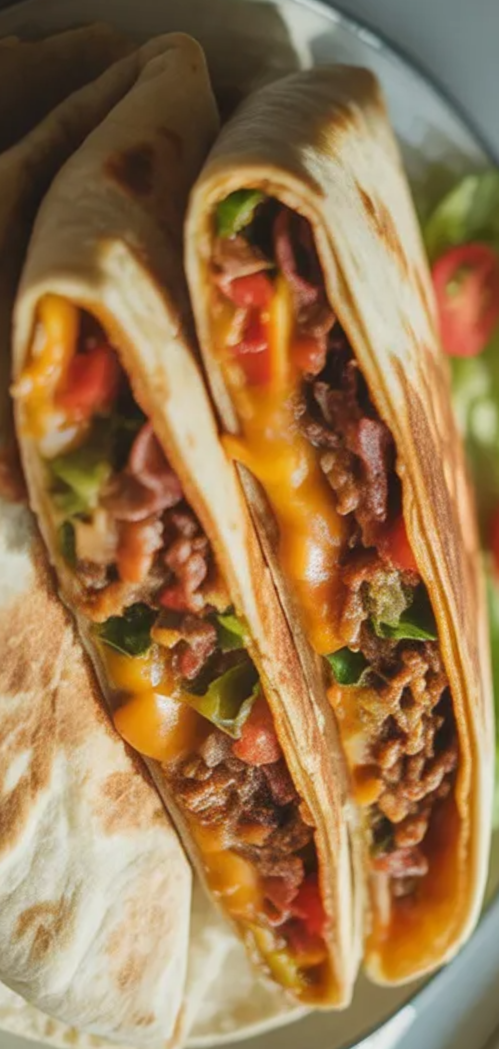 Golden Tortilla Fold Hack with layers of cheese, vegetables, and meat, photographed on a clean white table in natural light.