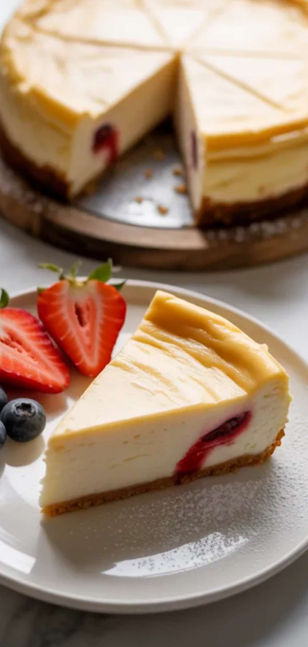 Easy 3 ingredient cheesecake slice with creamy texture, topped with strawberries, photographed on a white table with natural lighting, simple homemade dessert food photography.
