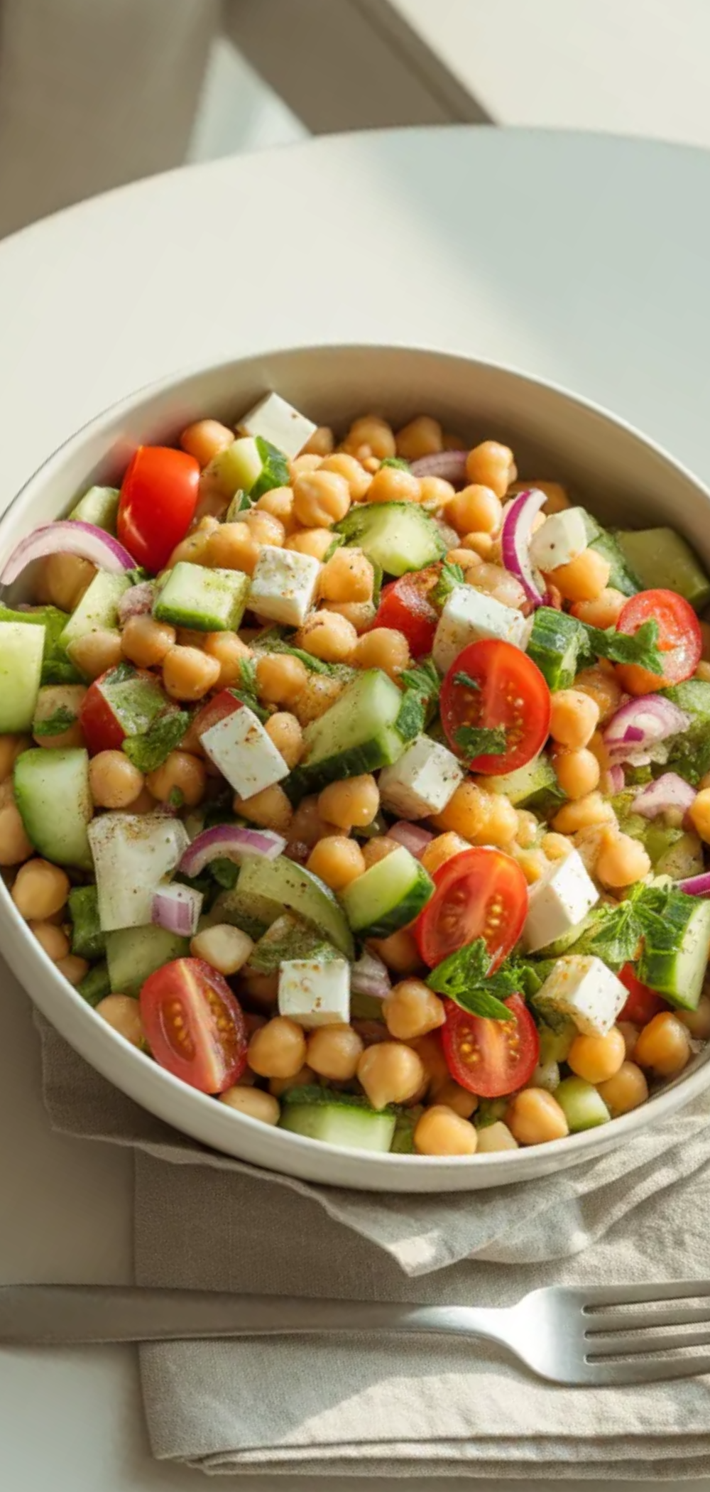 Healthy chickpea salad with fresh vegetables, olive oil, and lemon dressing served in a minimal white bowl
