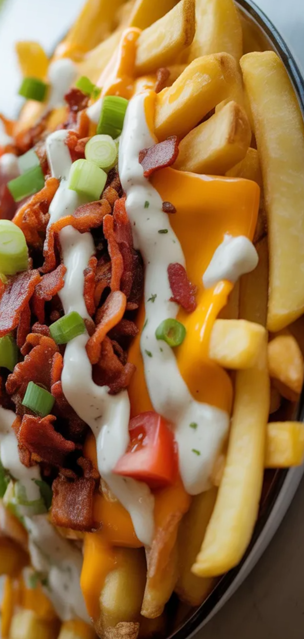 “Delicious loaded fries stacked with melted cheese, crispy bacon, and colorful toppings, styled like a food blogger photo on a white table.”