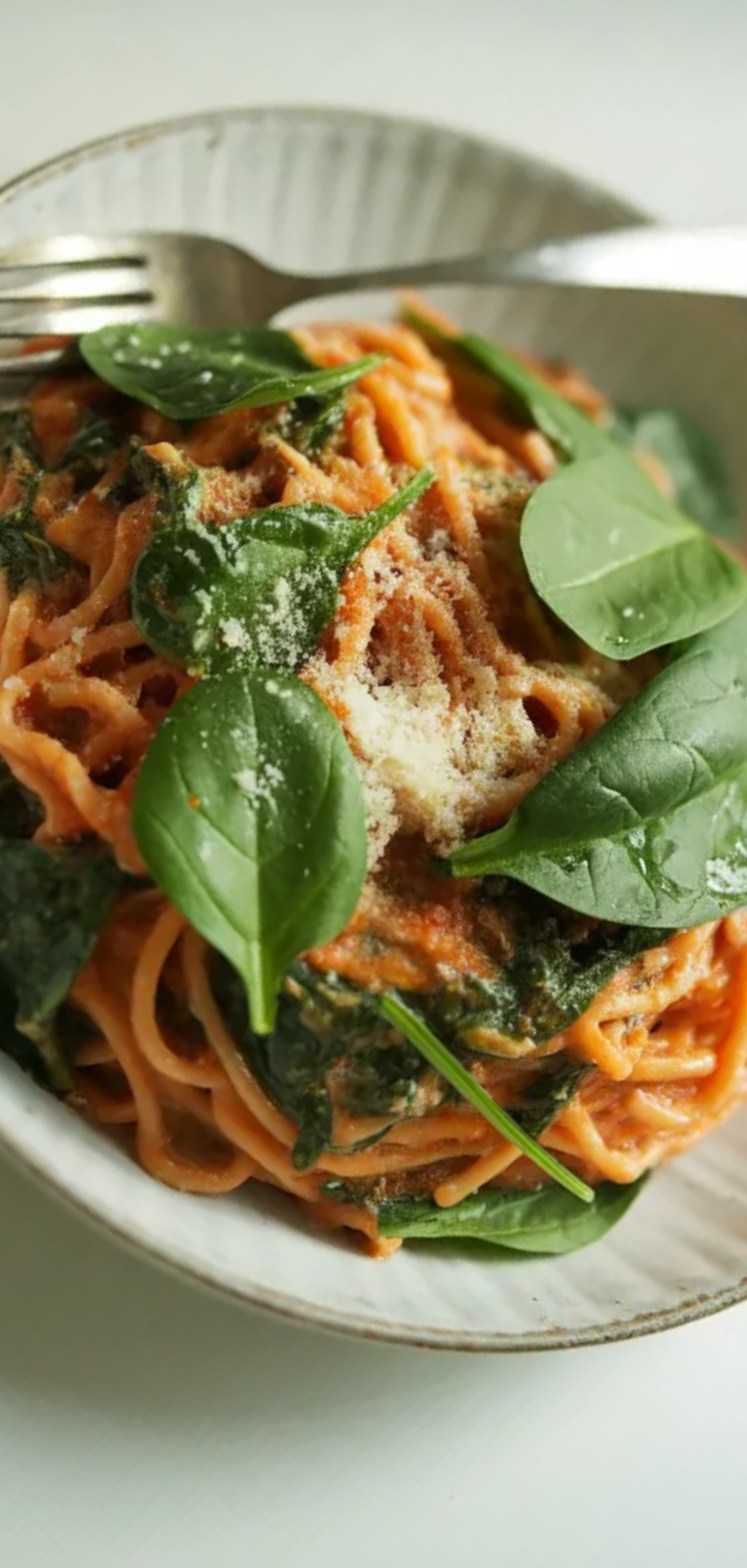 “Close-up of creamy tomato spinach pasta in a bowl, vibrant red sauce and green spinach, perfect weeknight meal.”