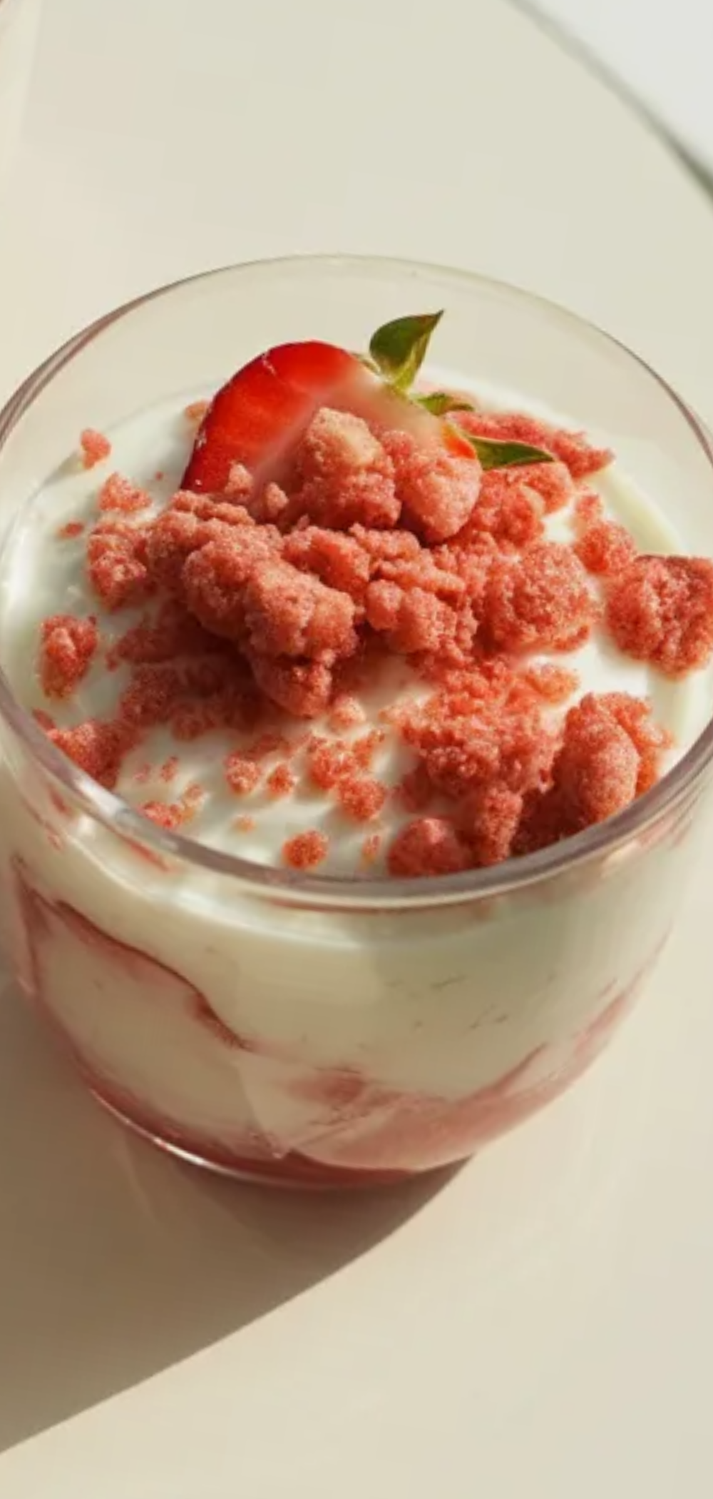 No bake strawberry crunch dessert cups with whipped cream layers and strawberry crumbs served in small glass jars
